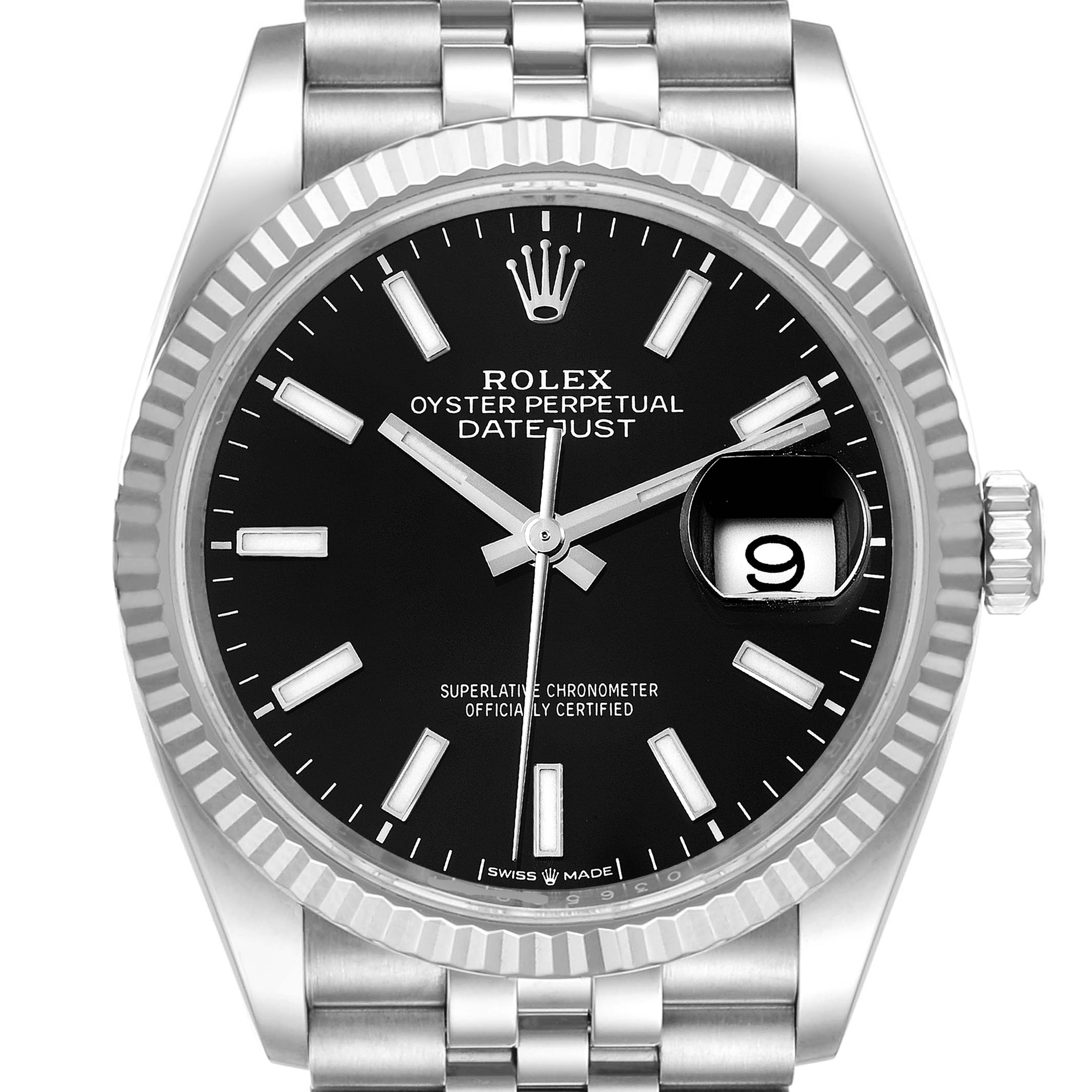 The image shows a front view of the Rolex Datejust 126234 Men
s Stainless Steel Black Dial 126234 Men
s Stainless Steel Black Dial watch, highlighting the black dial, date window, fluted bezel, and jubilee bracelet.