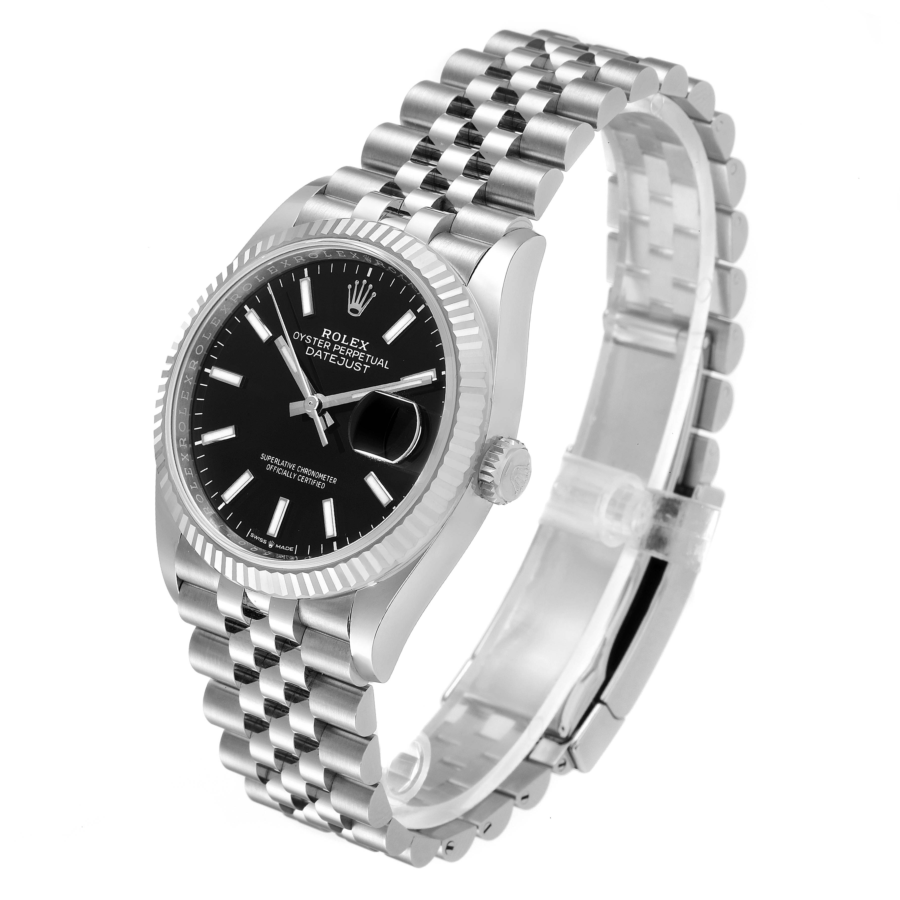 This image shows a Rolex Datejust 126234 Men
s Stainless Steel Black Dial 126234 Men
s Stainless Steel Black Dial watch at a three-quarter angle highlighting the face, bezel, crown, and bracelet.