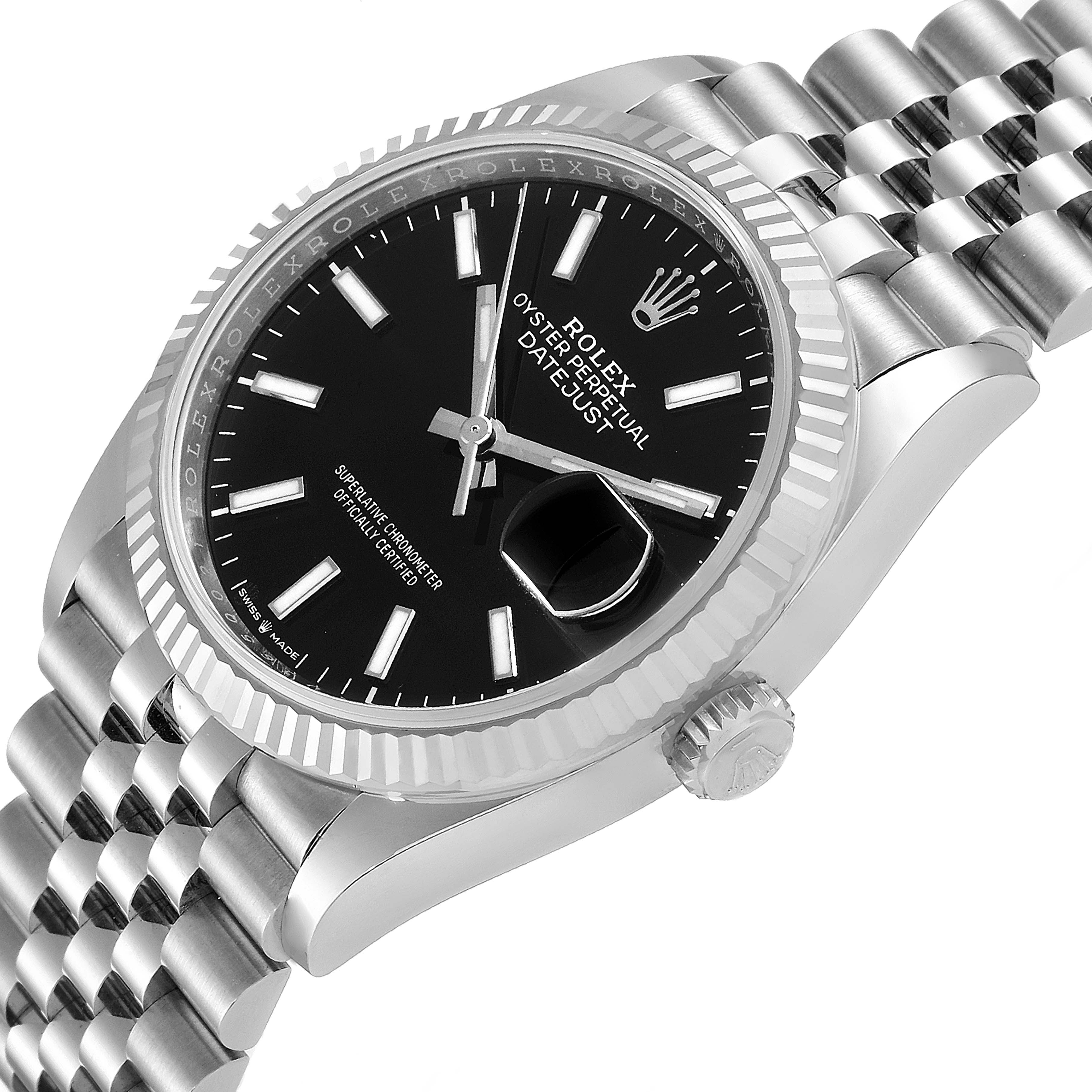 The image shows a close-up angle of a Rolex Datejust 126234 Men
s Stainless Steel Black Dial 126234 Men
s Stainless Steel Black Dial watch, focusing on the dial, case, bezel, and part of the bracelet.