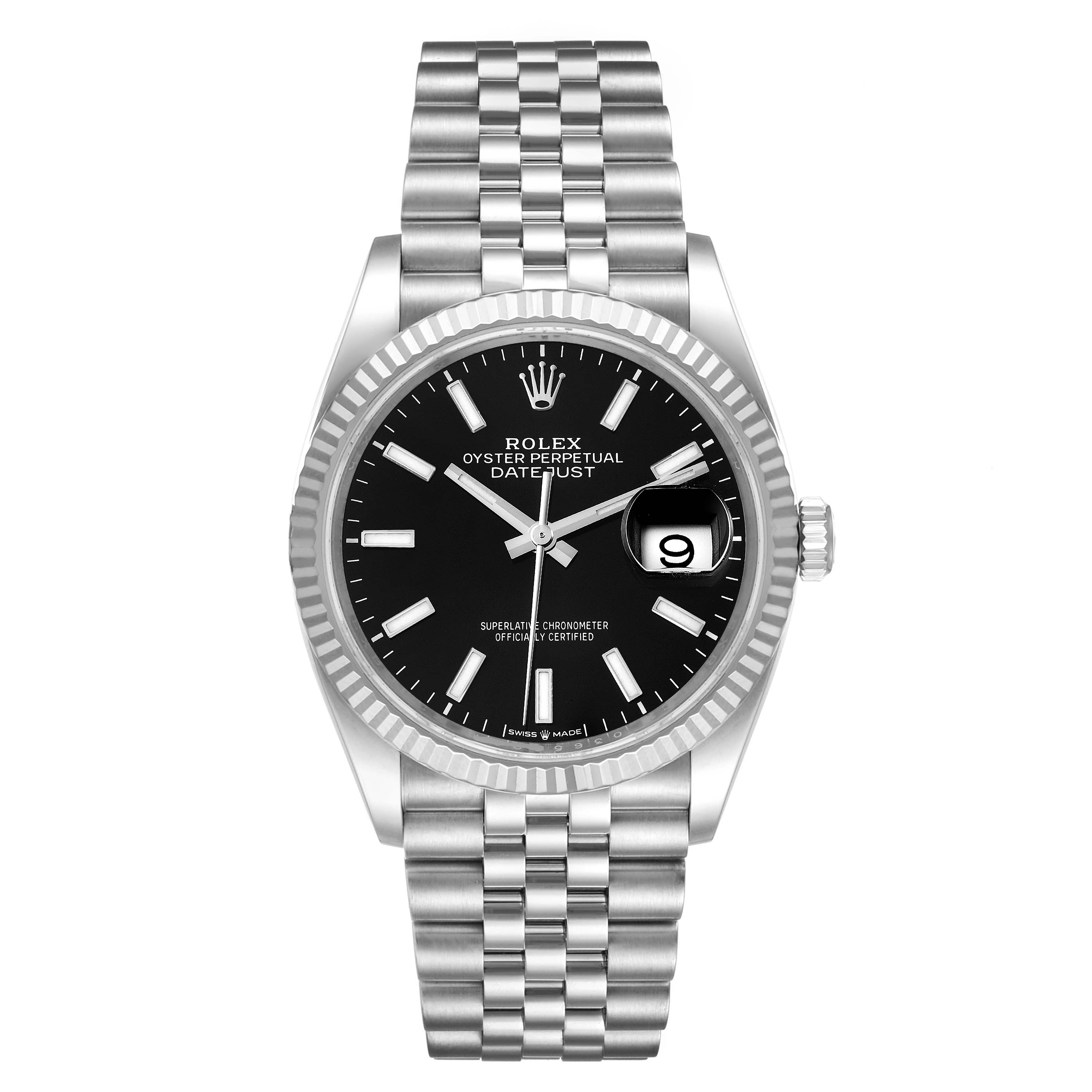 The image shows a front view of a Rolex Datejust 126234 Men
s Stainless Steel Black Dial 126234 Men
s Stainless Steel Black Dial, featuring its face, bezel, and bracelet.