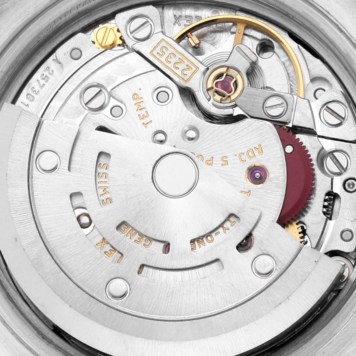 The image shows a close-up of the movement mechanism inside a Rolex Datejust 179174 Women's Stainless Steel Black Dial 179174 Women's Stainless Steel Black Dial watch.