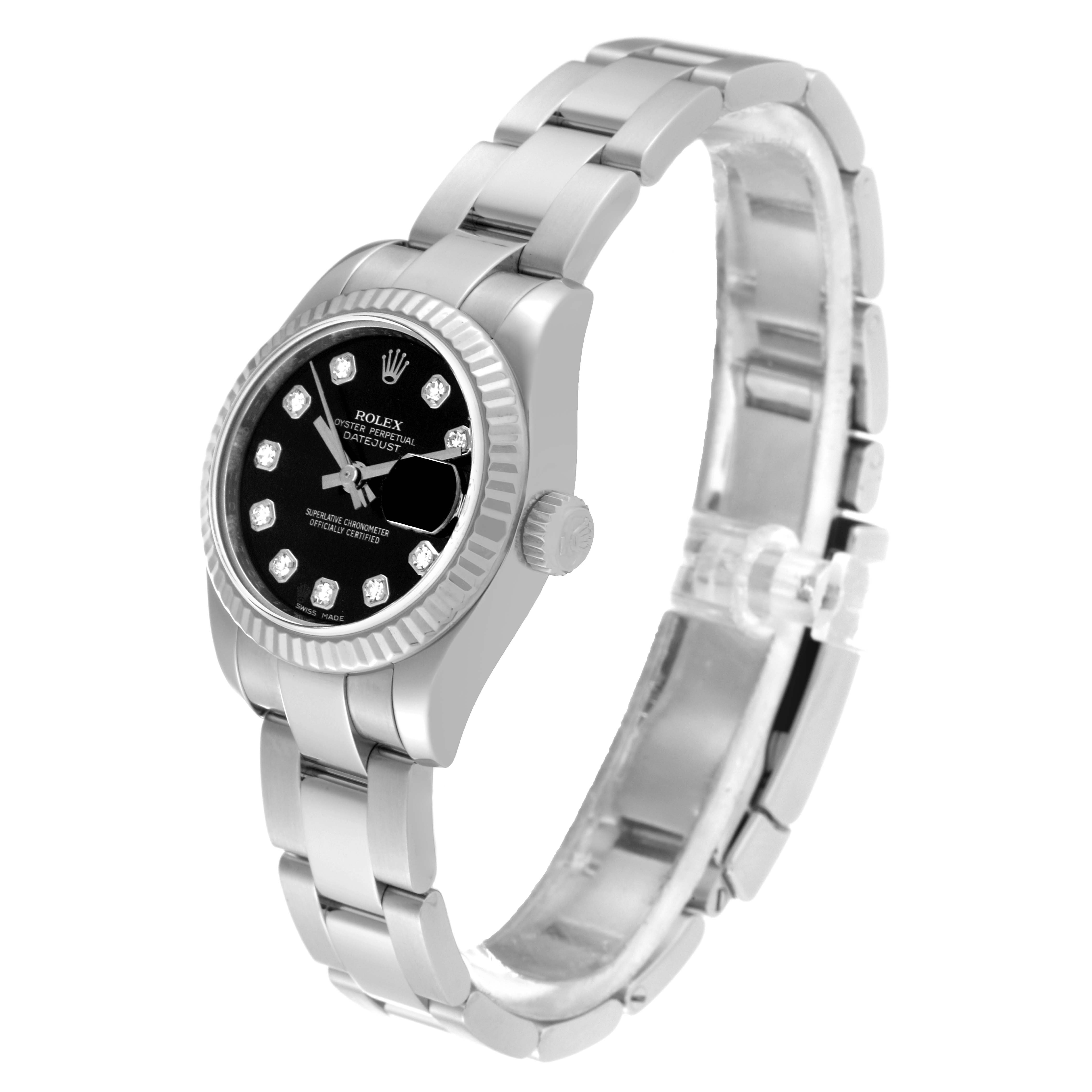 The image shows a Rolex Datejust 179174 Women's Stainless Steel Black Dial 179174 Women's Stainless Steel Black Dial watch at a slight angle, highlighting the dial, bezel, crown, and bracelet.