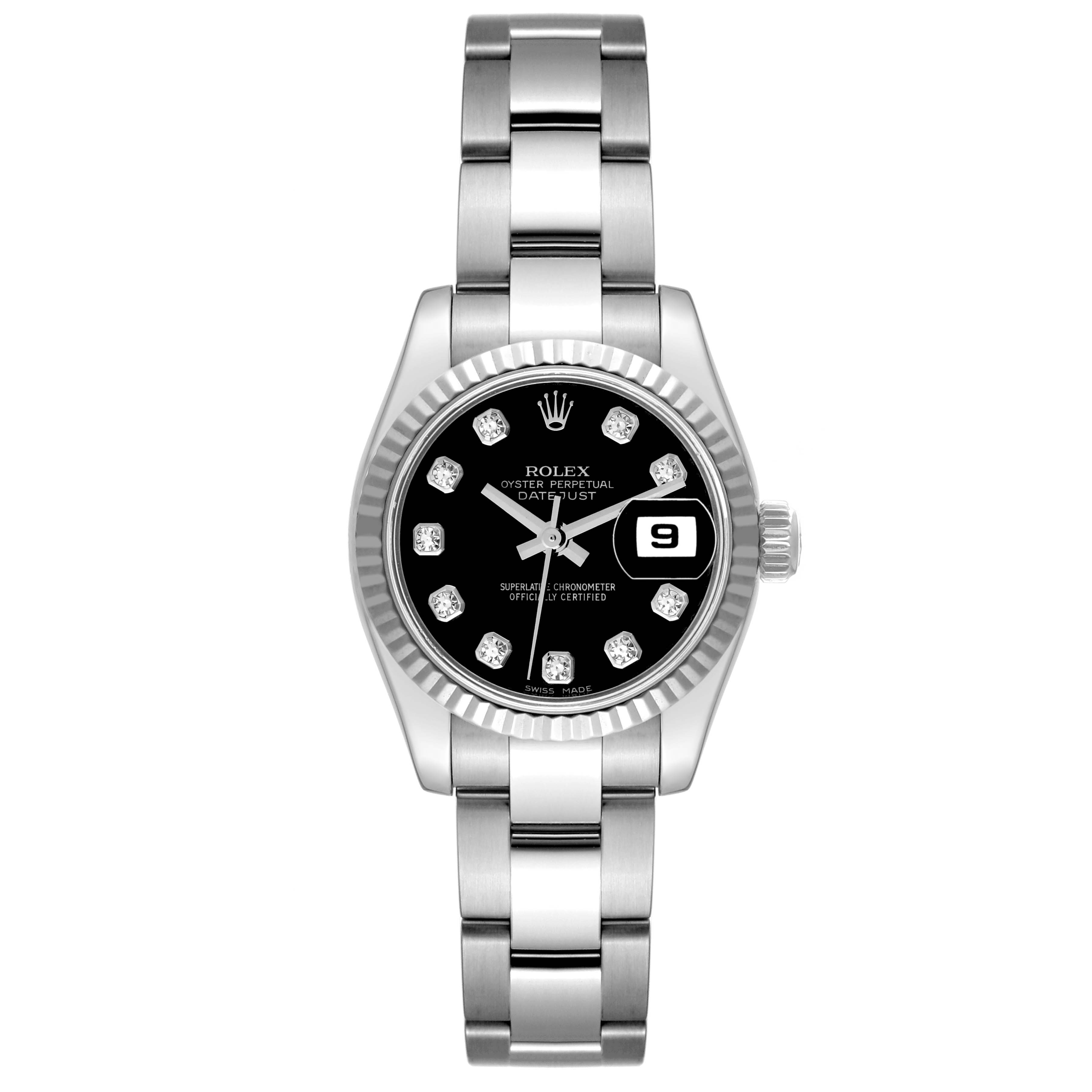 The Rolex Datejust 179174 Women's Stainless Steel Black Dial 179174 Women's Stainless Steel Black Dial watch is shown from a front angle, featuring its face, bezel, and bracelet.