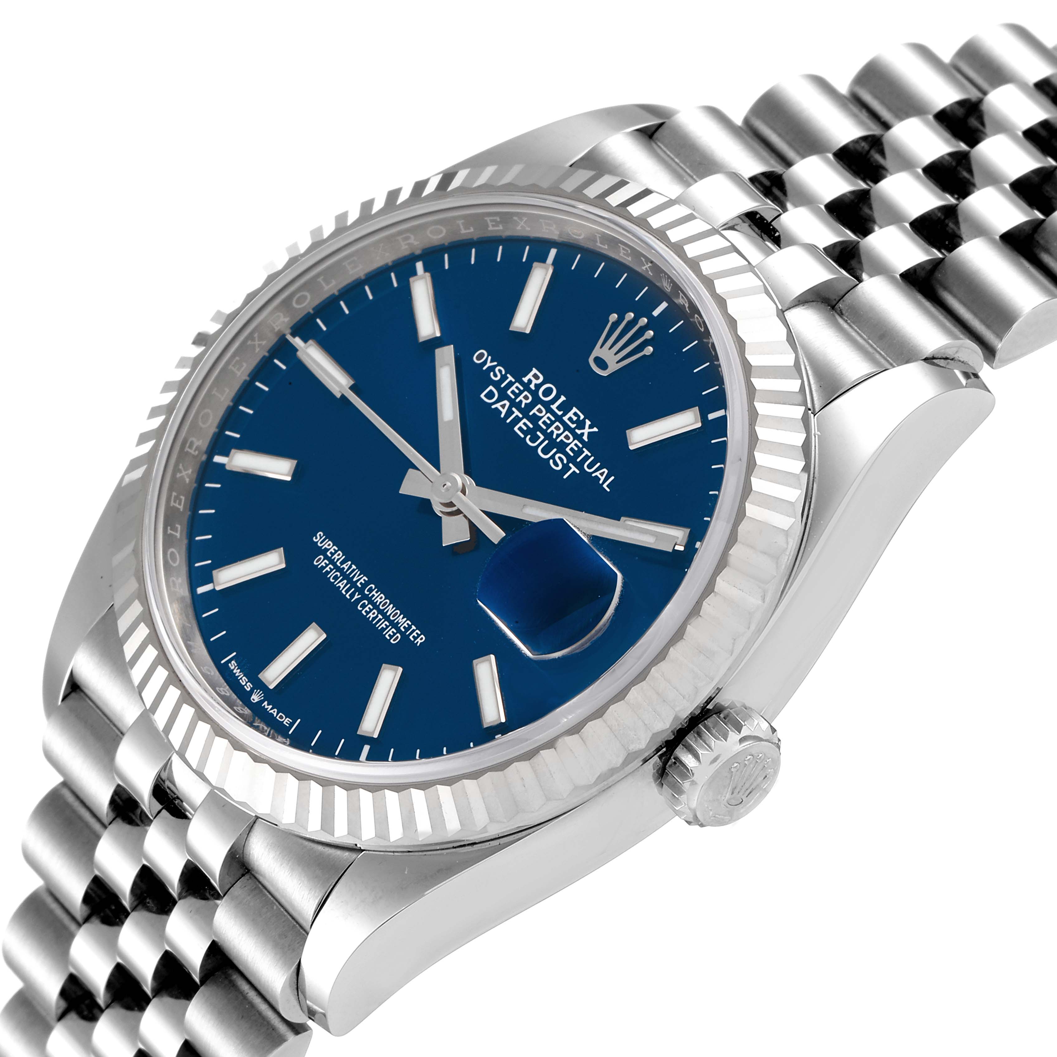 The image shows a top-right angled view of a Rolex Datejust 126234 Men's Stainless Steel Blue Dial 126234 Men's Stainless Steel Blue Dial watch, highlighting its blue dial, fluted bezel, and Jubilee bracelet.