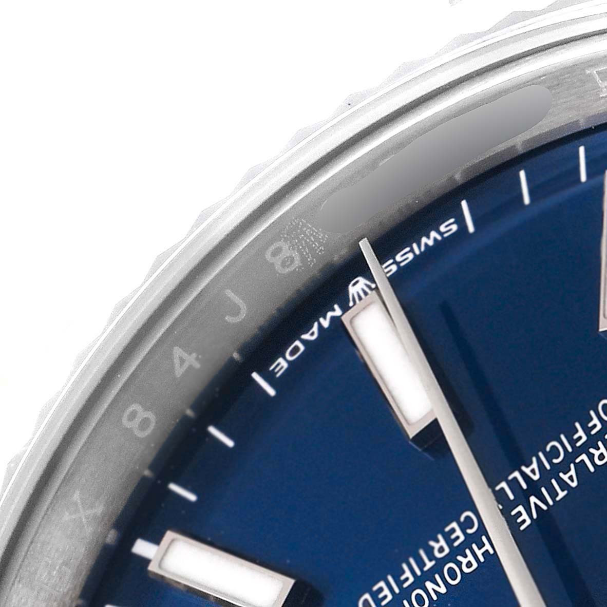 The image shows a close-up top angle of the dial and bezel of a Rolex Datejust 126234 Men's Stainless Steel Blue Dial 126234 Men's Stainless Steel Blue Dial watch with visible hour markers and text.