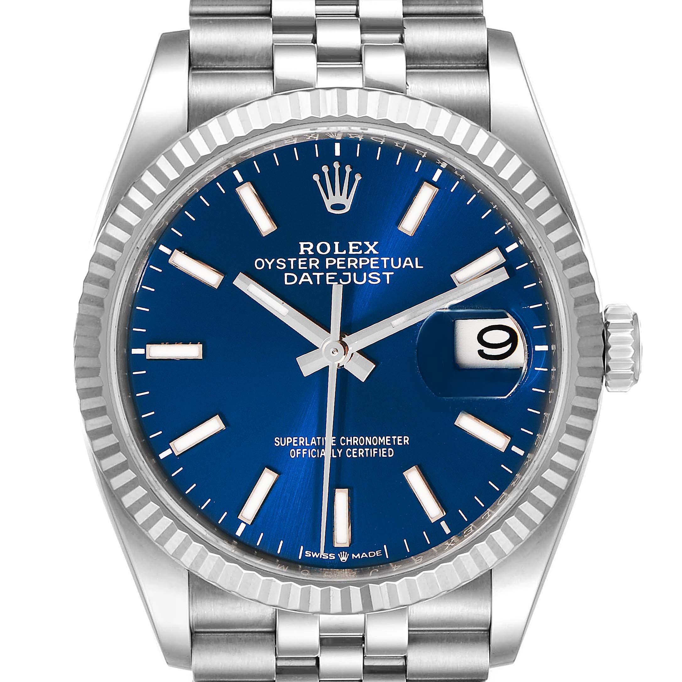 This image shows a close-up of the front of a Rolex Datejust 126234 Men's Stainless Steel Blue Dial 126234 Men's Stainless Steel Blue Dial watch, highlighting its blue dial, date window, and stainless steel bracelet.