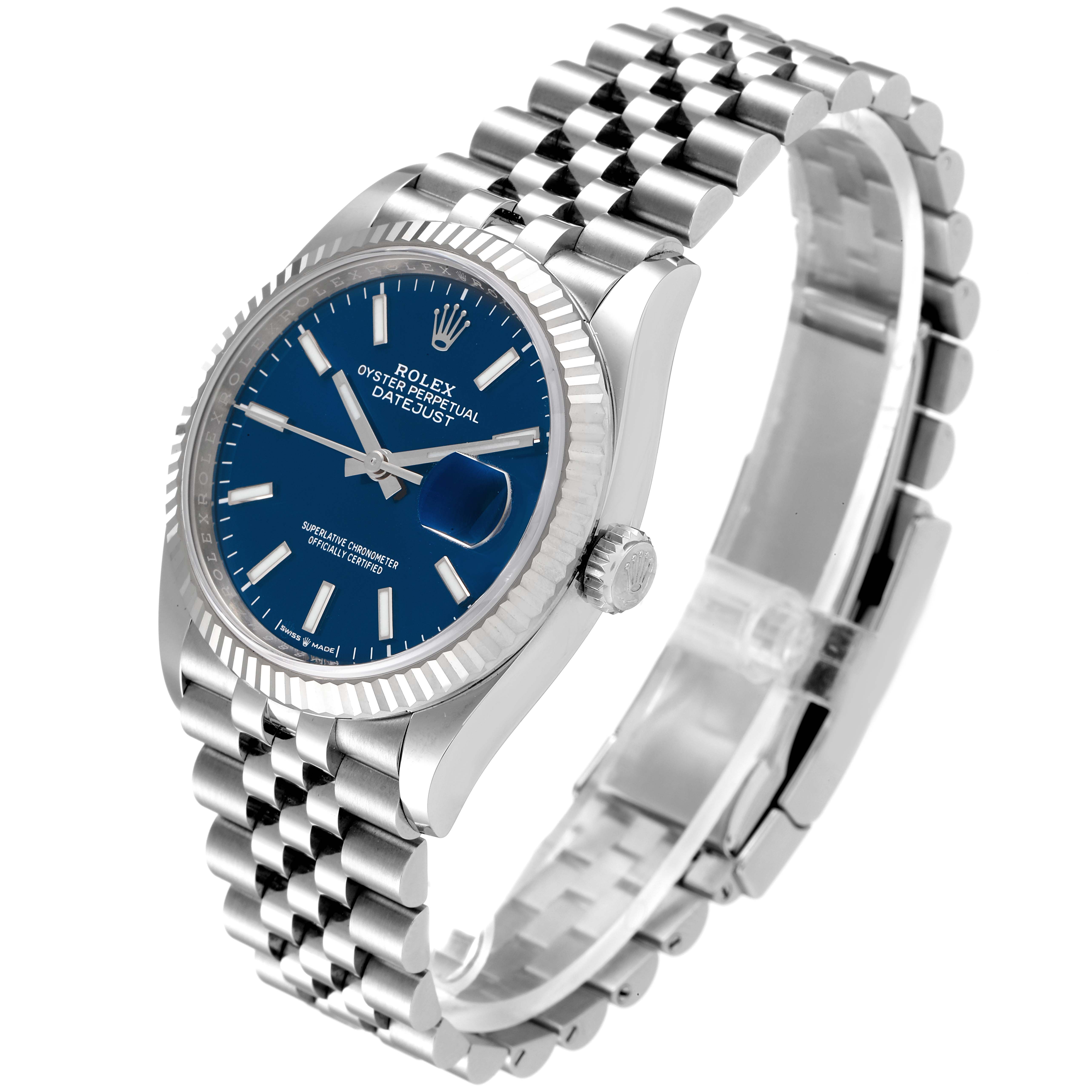 The Rolex Datejust 126234 Men's Stainless Steel Blue Dial 126234 Men's Stainless Steel Blue Dial watch is shown at a three-quarter angle, highlighting the blue dial, bezel, and Jubilee bracelet.