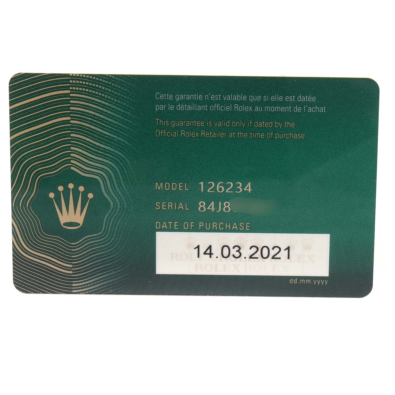 This image shows a warranty card for the Rolex Datejust 126234 Men's Stainless Steel Blue Dial 126234 Men's Stainless Steel Blue Dial model 126234, featuring purchase details and date.