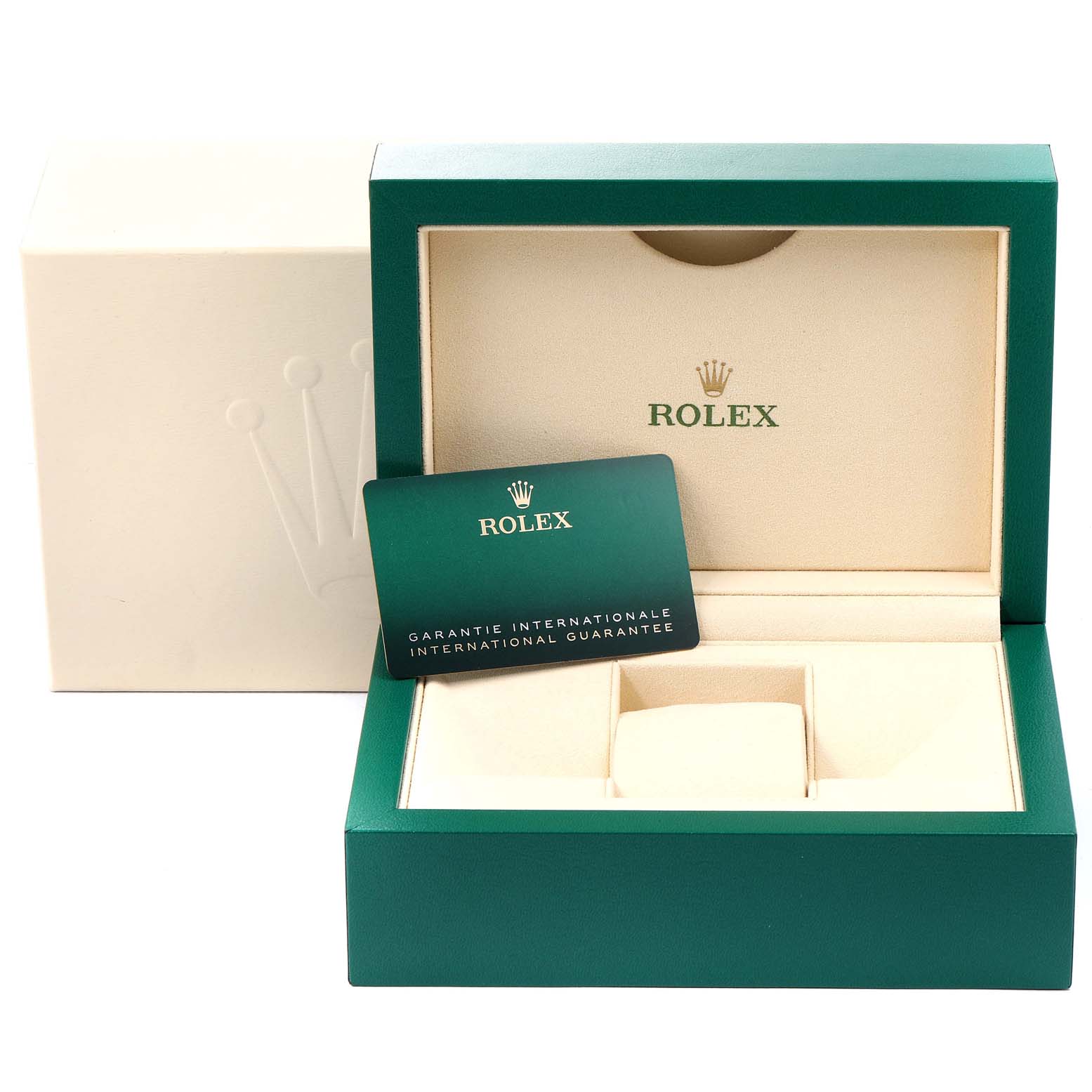 This image shows the opened box, inner cushion, and guarantee card for a Rolex Datejust 126234 Men's Stainless Steel Blue Dial 126234 Men's Stainless Steel Blue Dial watch.