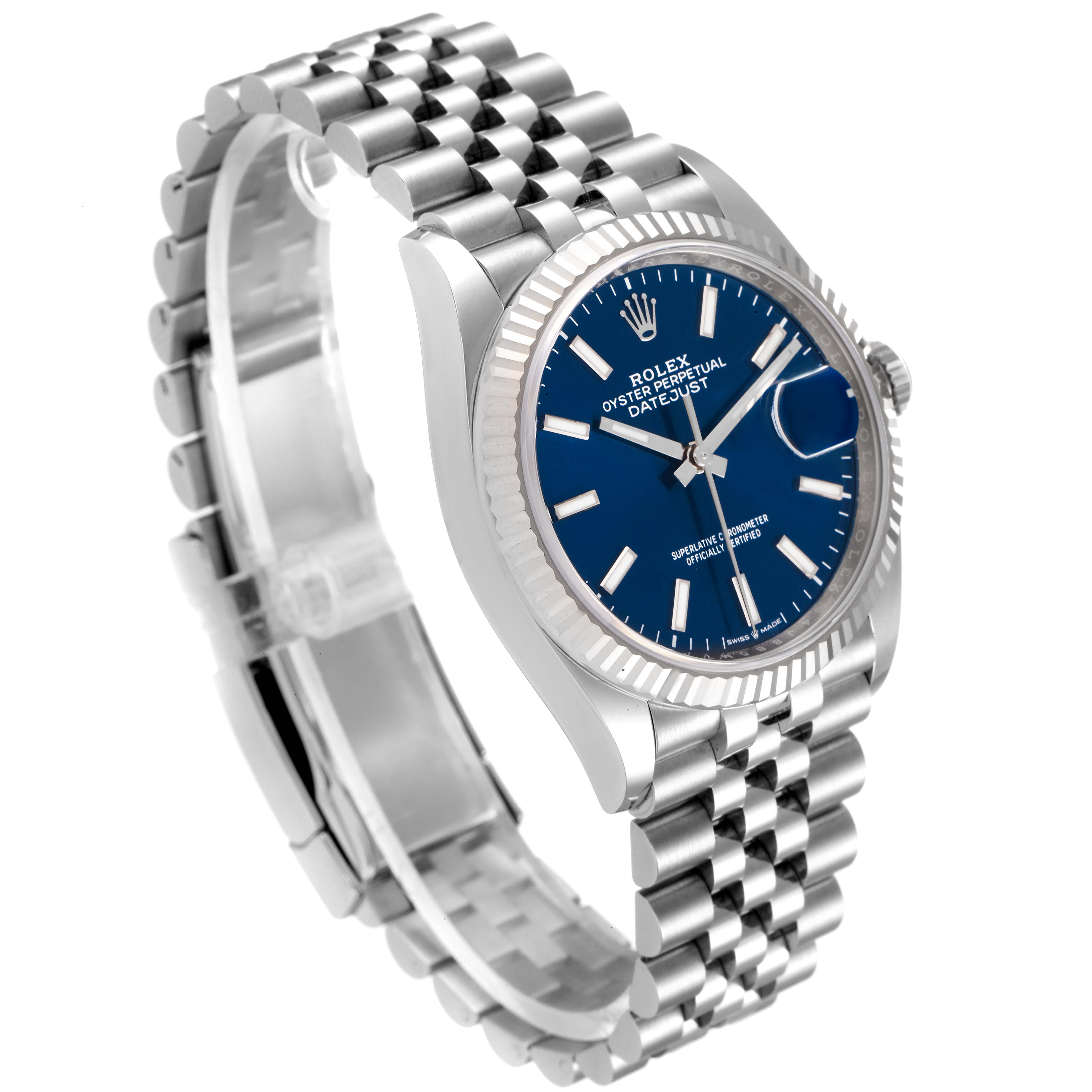 This image shows a side angle view of a Rolex Datejust 126234 Men's Stainless Steel Blue Dial 126234 Men's Stainless Steel Blue Dial watch with a blue dial and Jubilee bracelet.