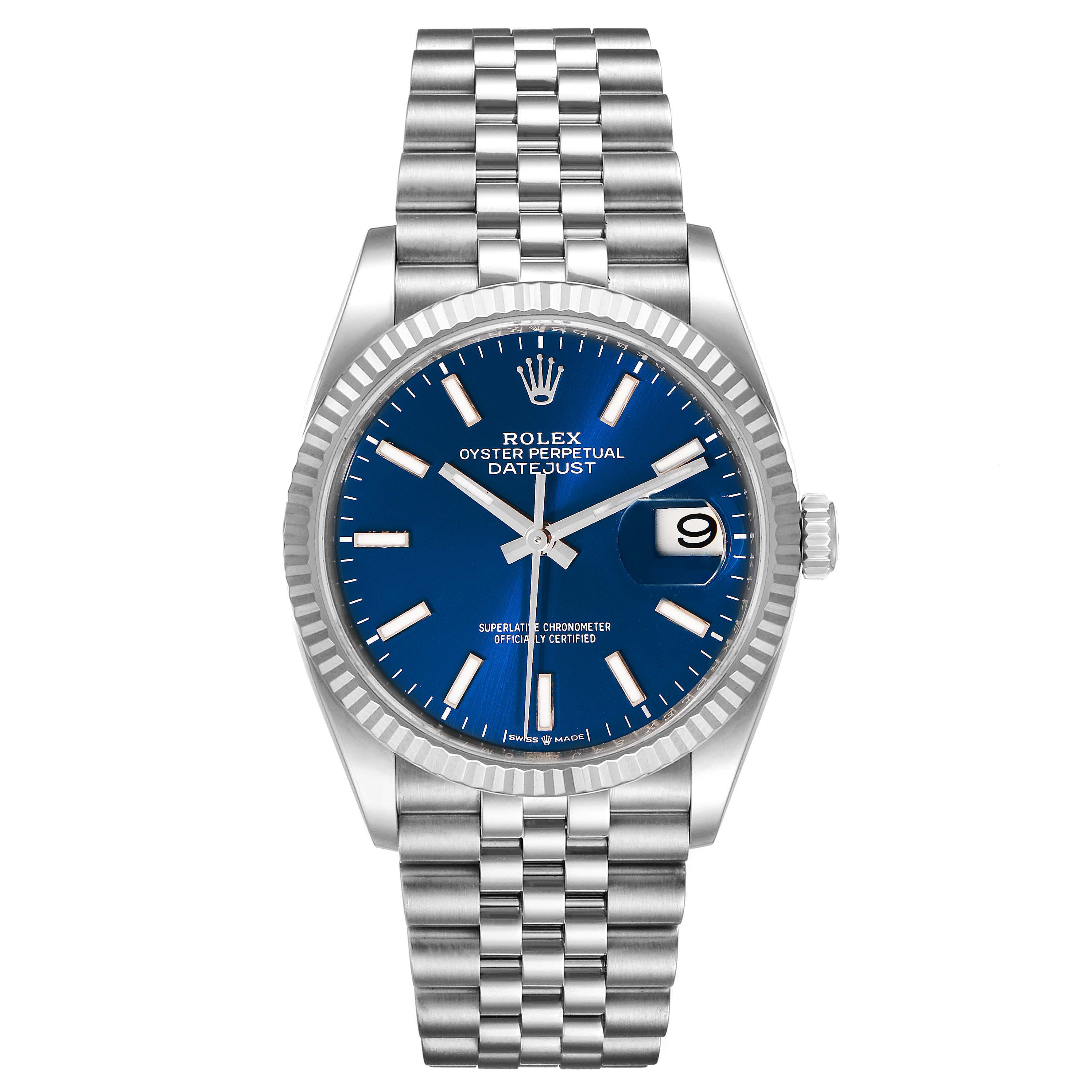 The image shows a front view of a Rolex Datejust 126234 Men's Stainless Steel Blue Dial 126234 Men's Stainless Steel Blue Dial watch with a blue dial and silver Jubilee bracelet.