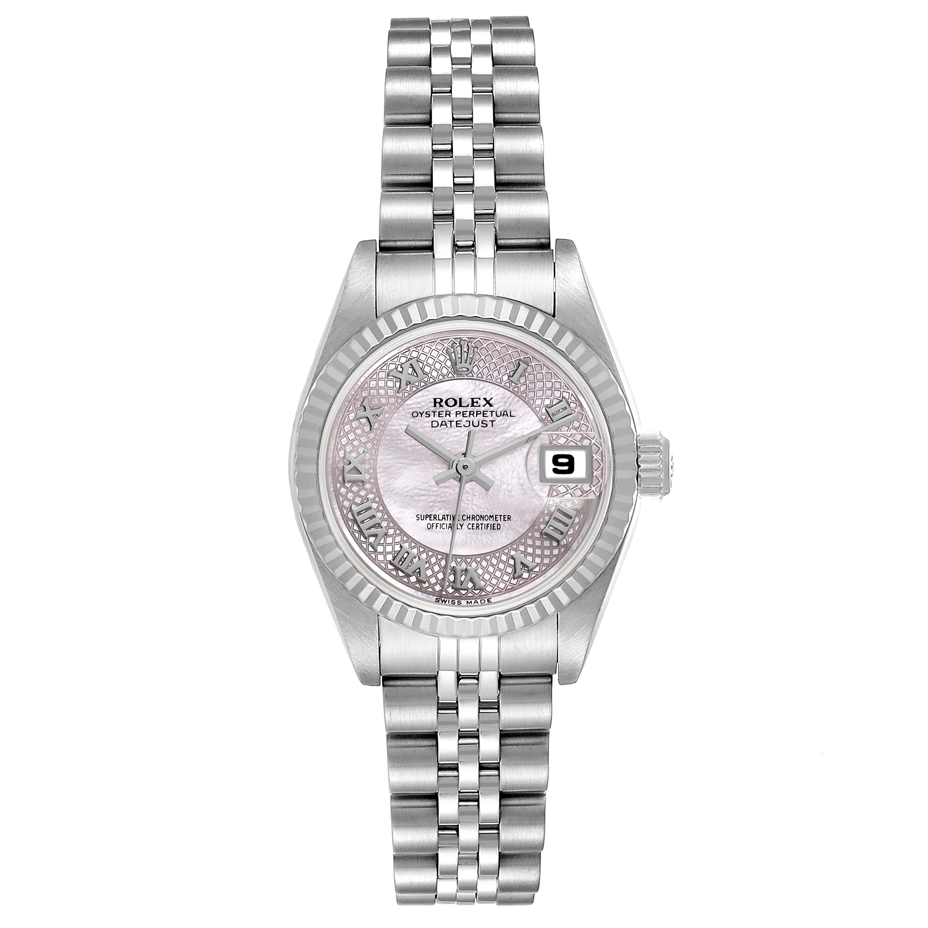 This image shows a front view of the Rolex Datejust 79174 Women's Stainless Steel Mother of Pearl Dial 79174 Women's Stainless Steel Mother of Pearl Dial watch, highlighting the dial, bezel, and bracelet.
