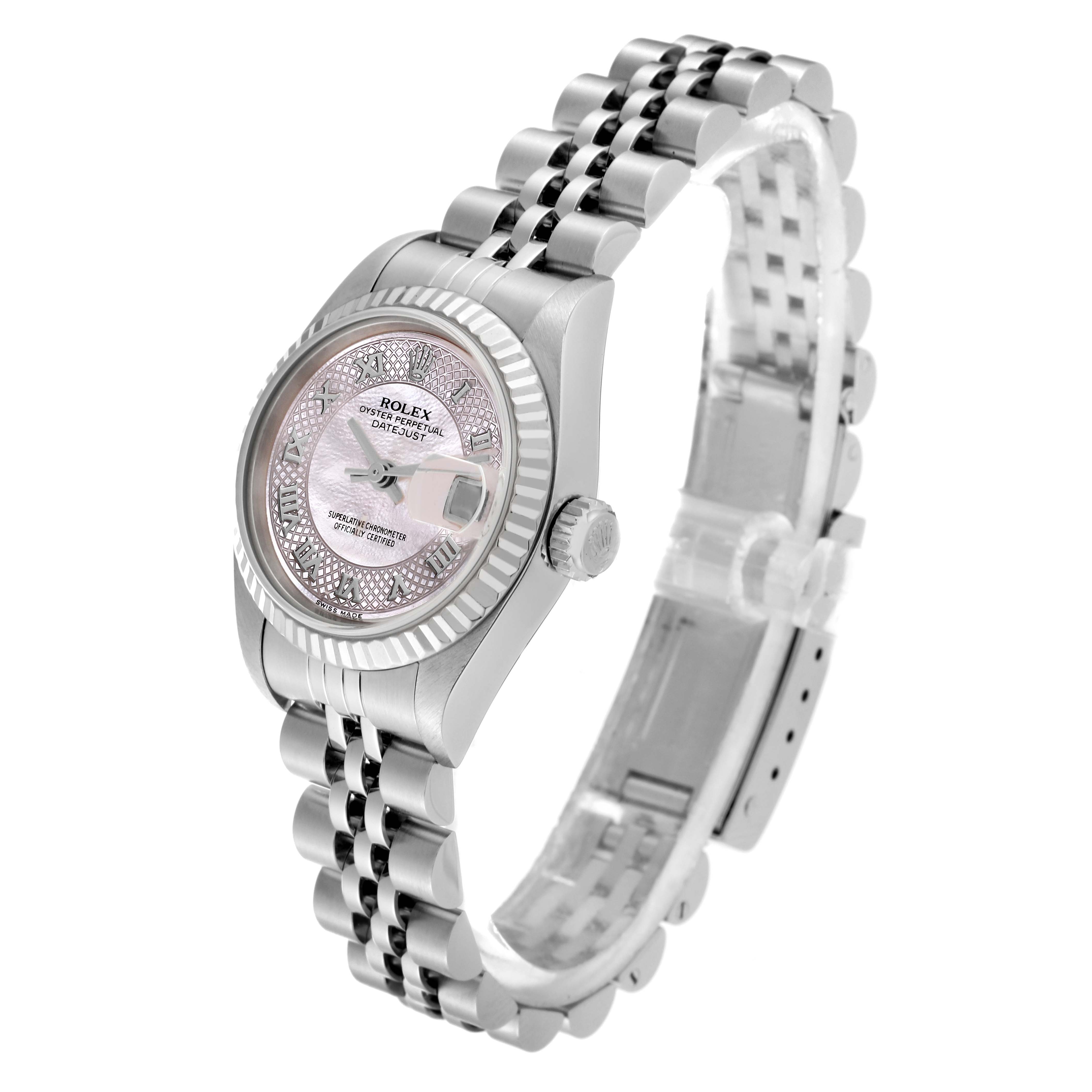The Rolex Datejust 79174 Women's Stainless Steel Mother of Pearl Dial 79174 Women's Stainless Steel Mother of Pearl Dial watch is shown at a slight angle, highlighting the dial, bezel, crown, and bracelet.