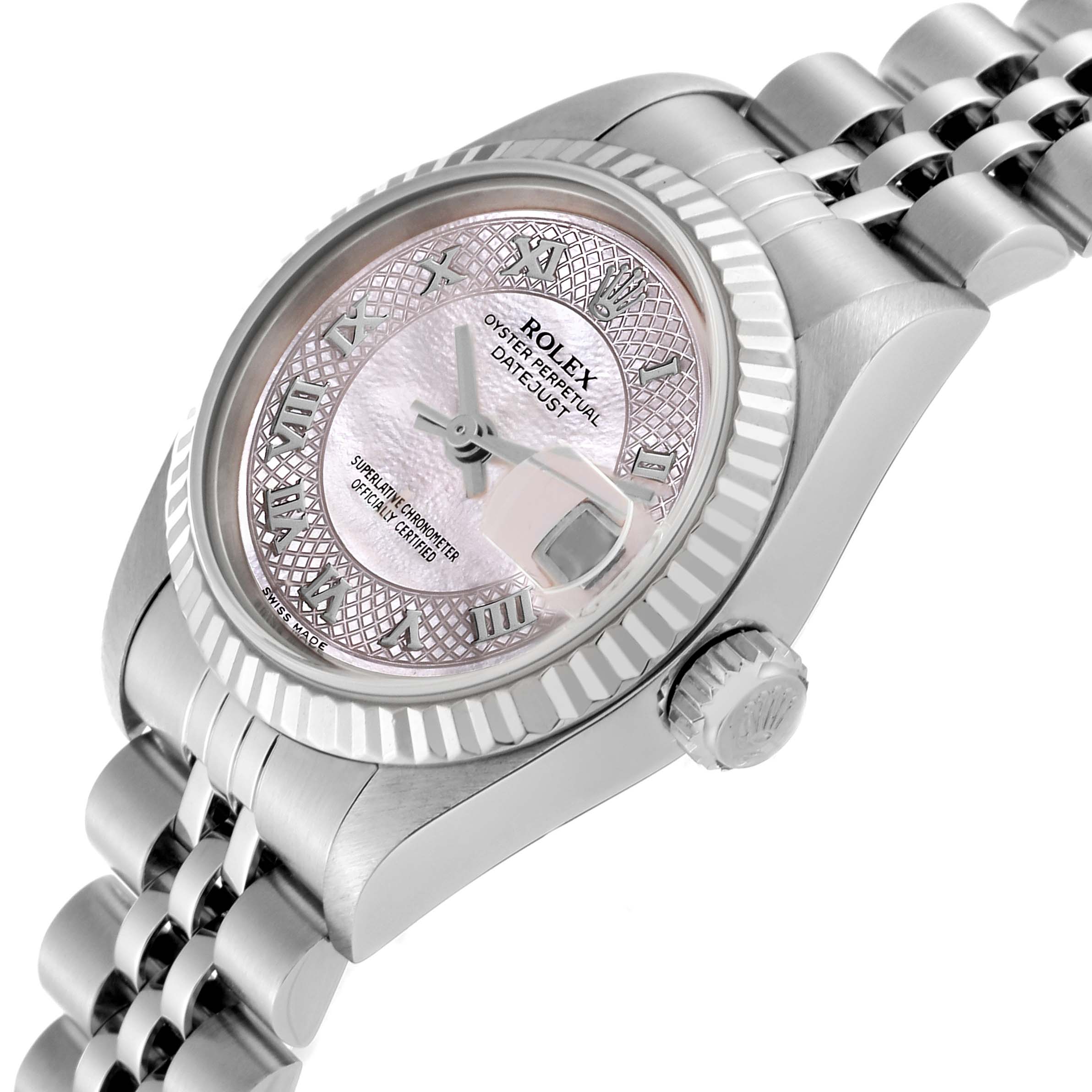 This image shows a close-up angle of a Rolex Datejust 79174 Women's Stainless Steel Mother of Pearl Dial 79174 Women's Stainless Steel Mother of Pearl Dial watch, highlighting the dial, bezel, and part of the bracelet.