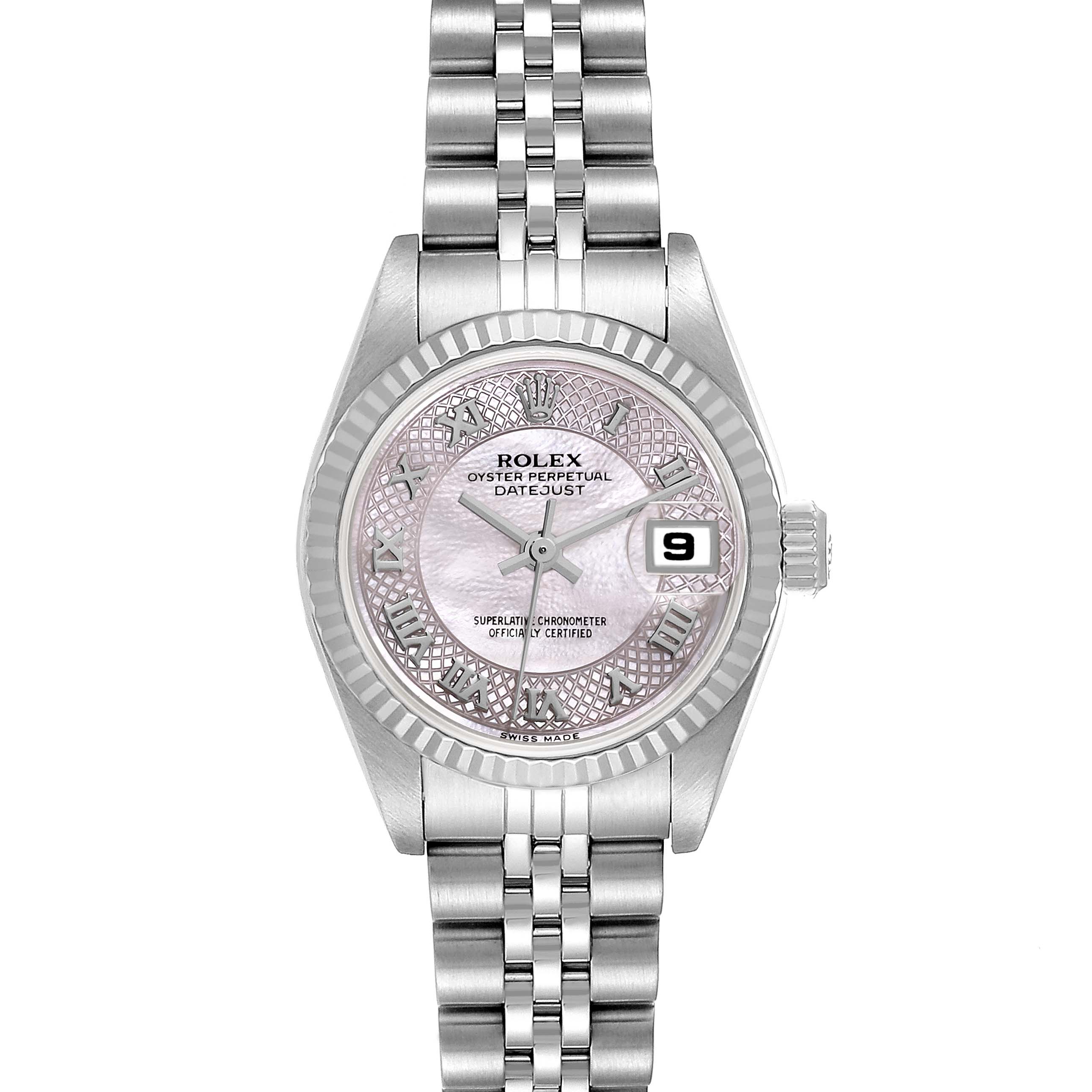 The image shows a front view of a Rolex Datejust 79174 Women's Stainless Steel Mother of Pearl Dial 79174 Women's Stainless Steel Mother of Pearl Dial watch, highlighting the dial, bezel, crown, and bracelet.