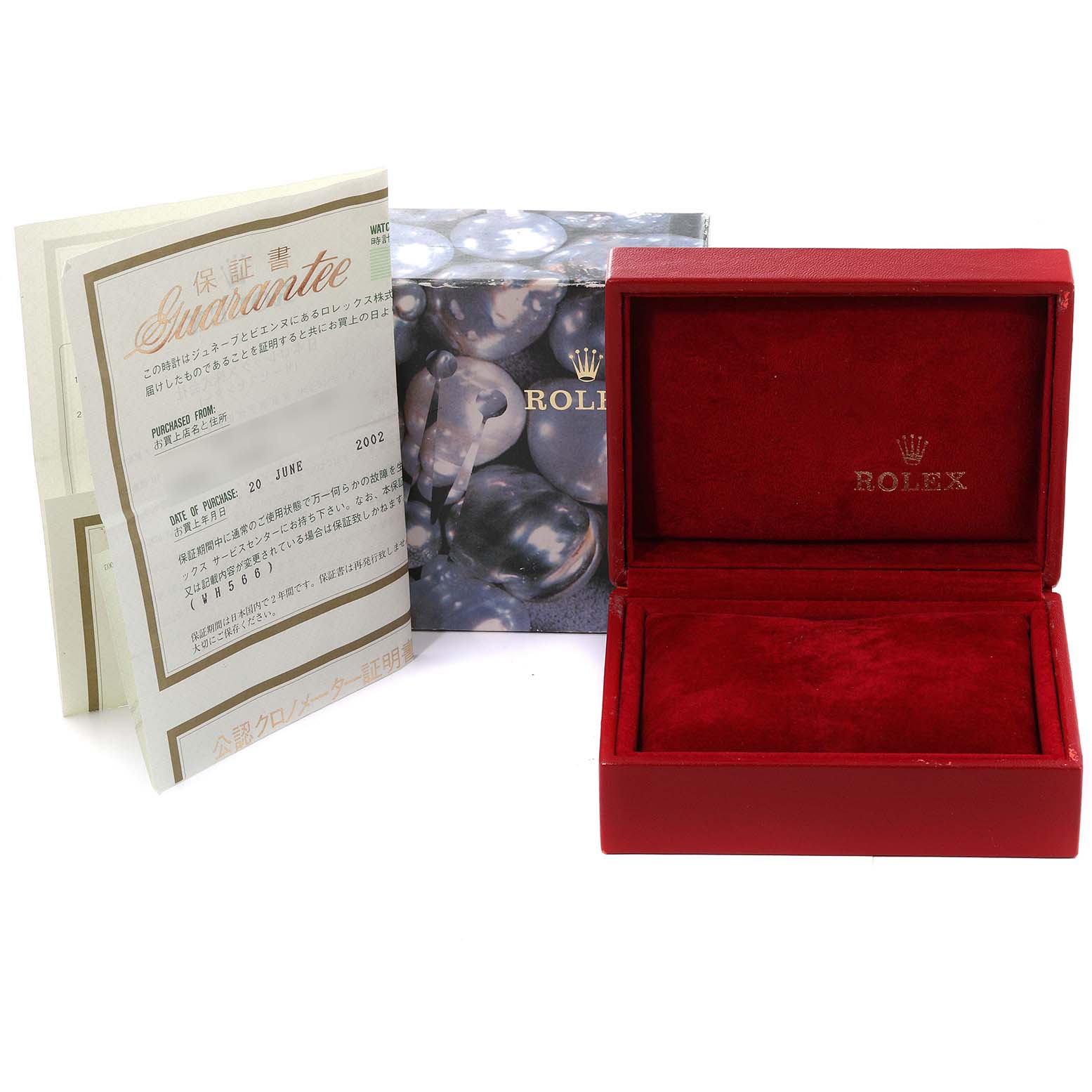 The image shows a Rolex Datejust 79174 Women's Stainless Steel Mother of Pearl Dial 79174 Women's Stainless Steel Mother of Pearl Dial watch box, a guarantee certificate, and the packaging box.