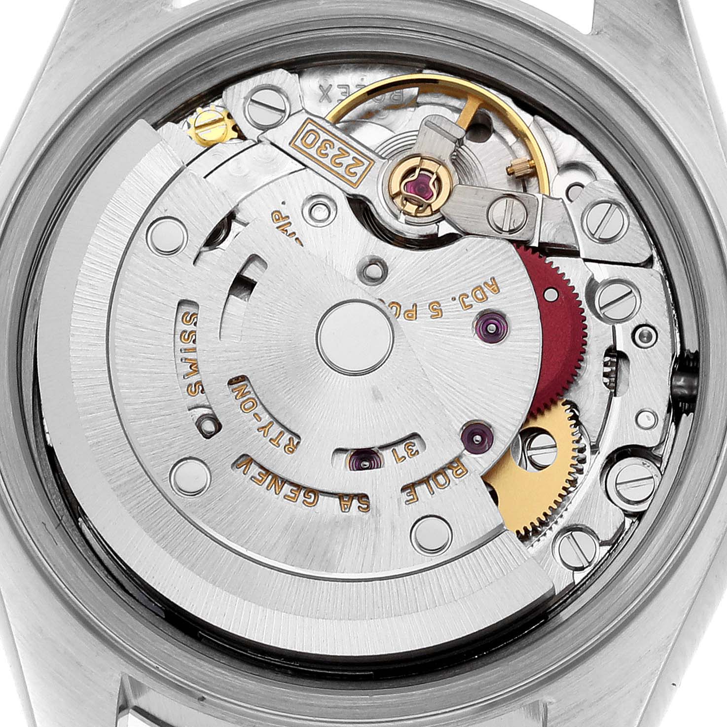 This image shows the internal movement and mechanisms of a Rolex Datejust 79174 Women's Stainless Steel Mother of Pearl Dial 79174 Women's Stainless Steel Mother of Pearl Dial watch from a top-down angle.