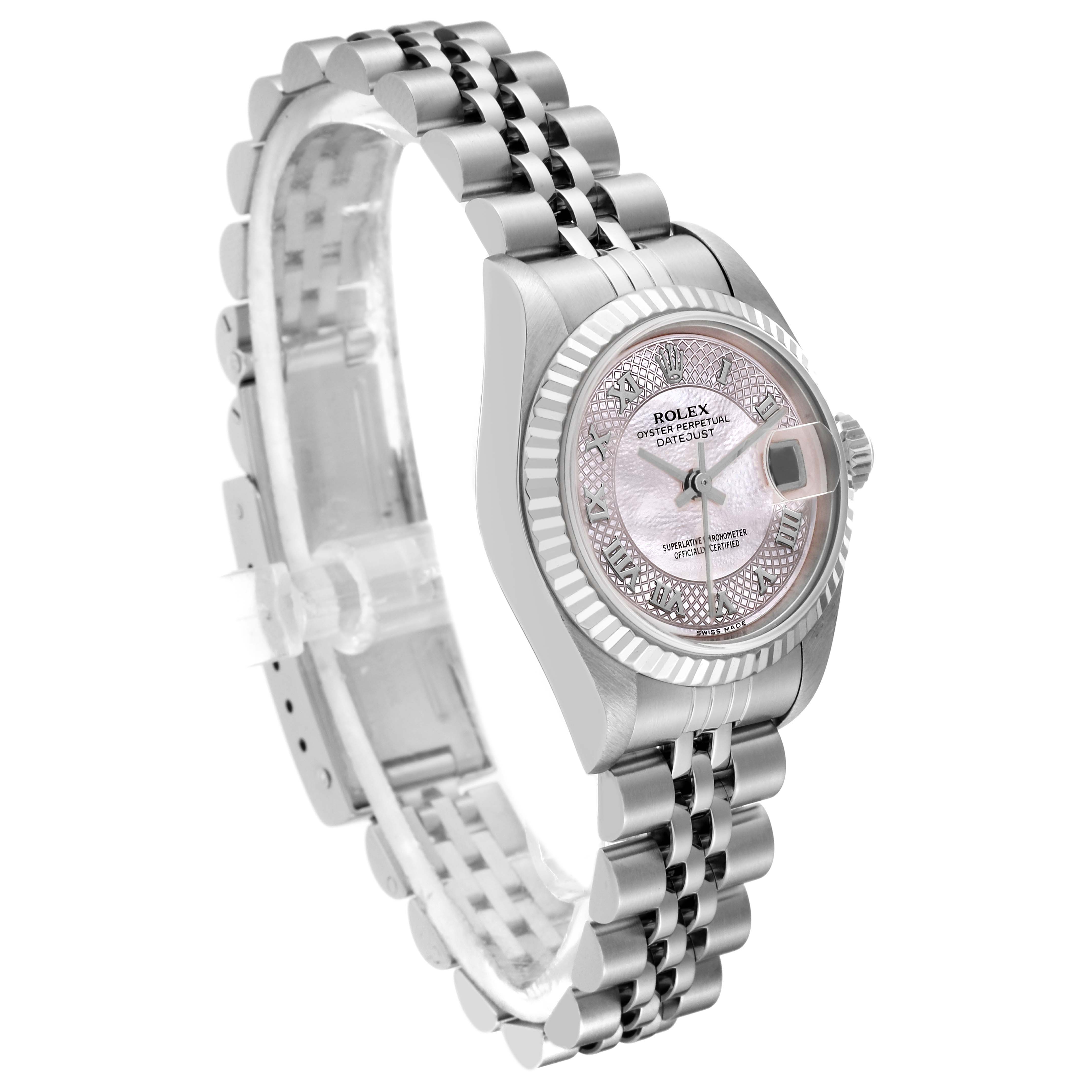 The image shows a side angle of a Rolex Datejust 79174 Women's Stainless Steel Mother of Pearl Dial 79174 Women's Stainless Steel Mother of Pearl Dial watch, highlighting the bracelet, crown, case, and dial.