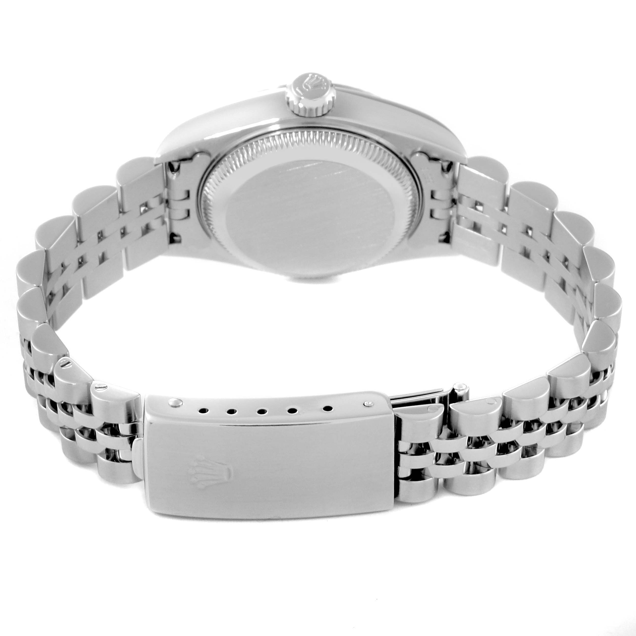 The image shows the back and clasp of a Rolex Datejust 79174 Women's Stainless Steel Mother of Pearl Dial 79174 Women's Stainless Steel Mother of Pearl Dial watch, focusing on the bracelet and the closed case back.