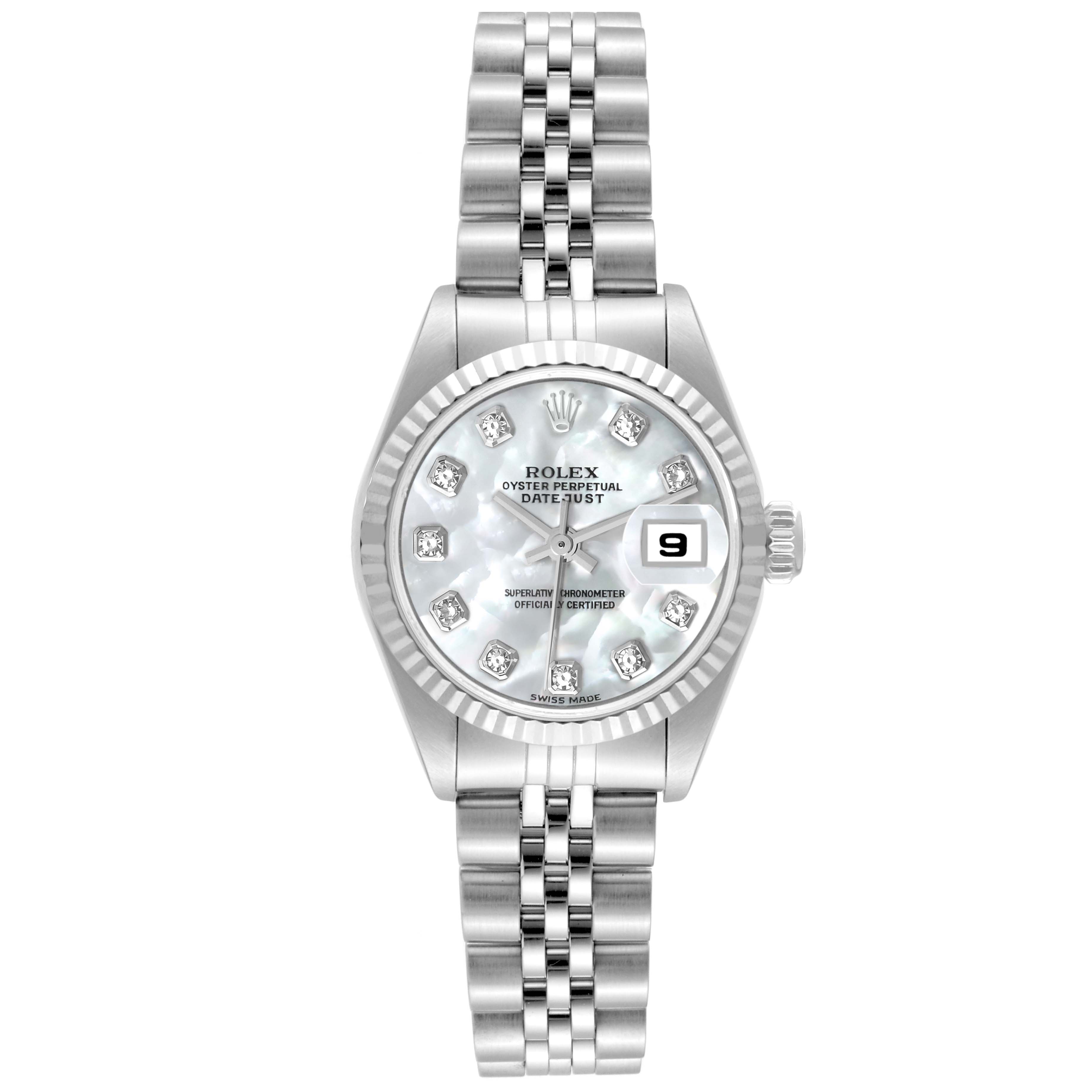 The image shows a front view of a Rolex Datejust 79174 Women's Stainless Steel Mother of Pearl Dial 79174 Women's Stainless Steel Mother of Pearl Dial watch, highlighting the face, bezel, and bracelet.