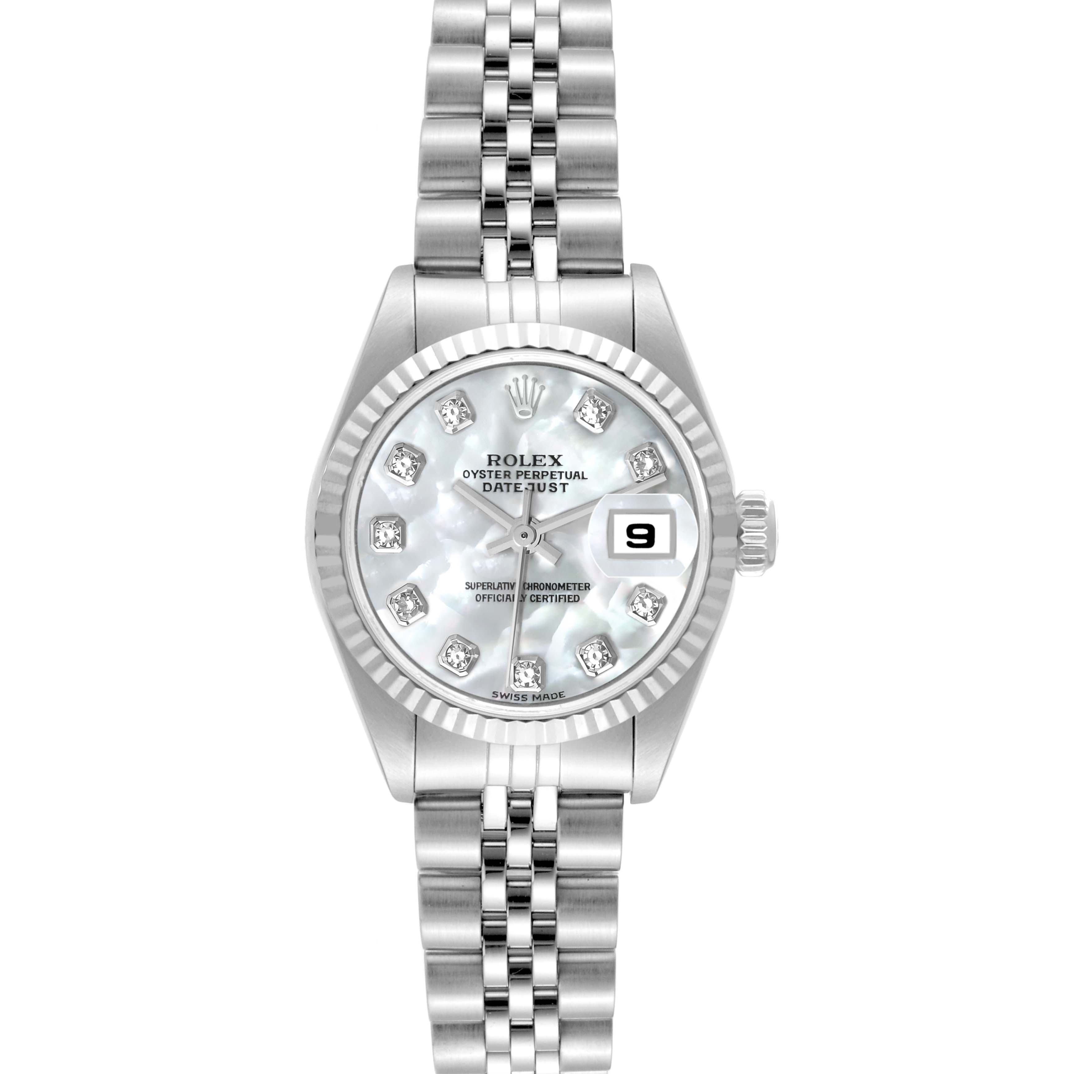The image shows a frontal view of the Rolex Datejust 79174 Women's Stainless Steel Mother of Pearl Dial 79174 Women's Stainless Steel Mother of Pearl Dial watch, highlighting its dial, bezel, bracelet, and date window.