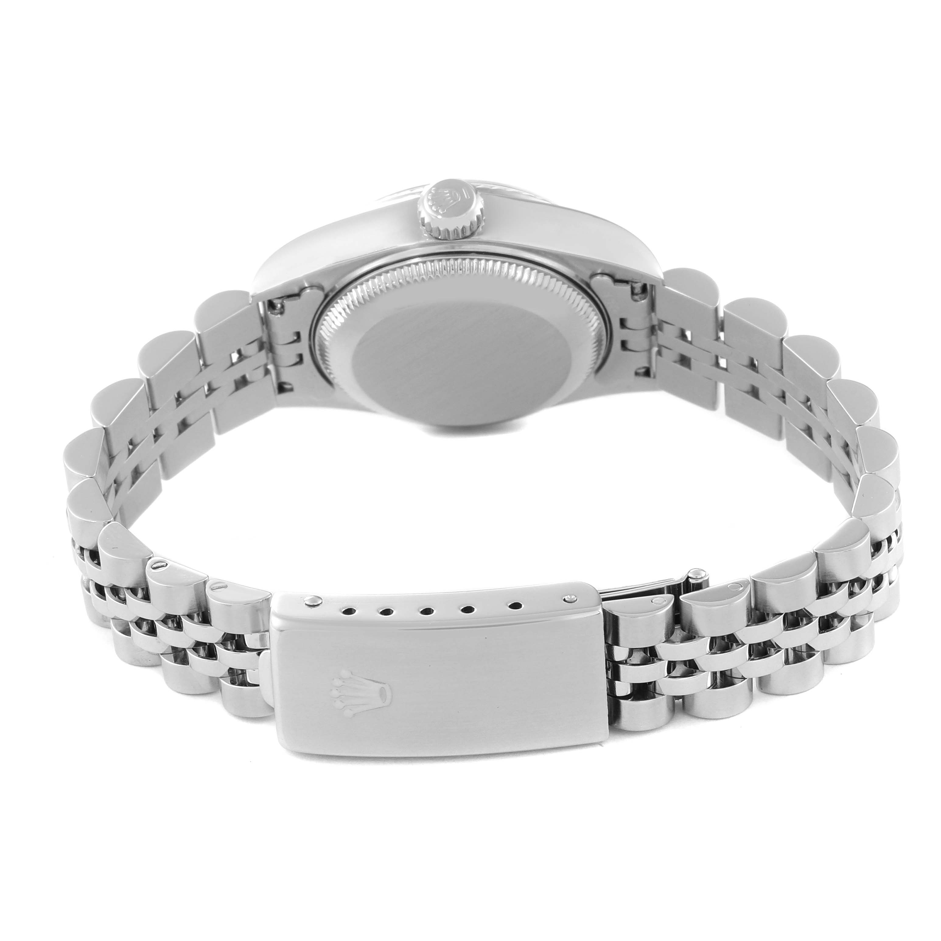 This image shows the back view of a Rolex Datejust 79174 Women's Stainless Steel Mother of Pearl Dial 79174 Women's Stainless Steel Mother of Pearl Dial model, highlighting the case, crown, Jubilee bracelet, and clasp.