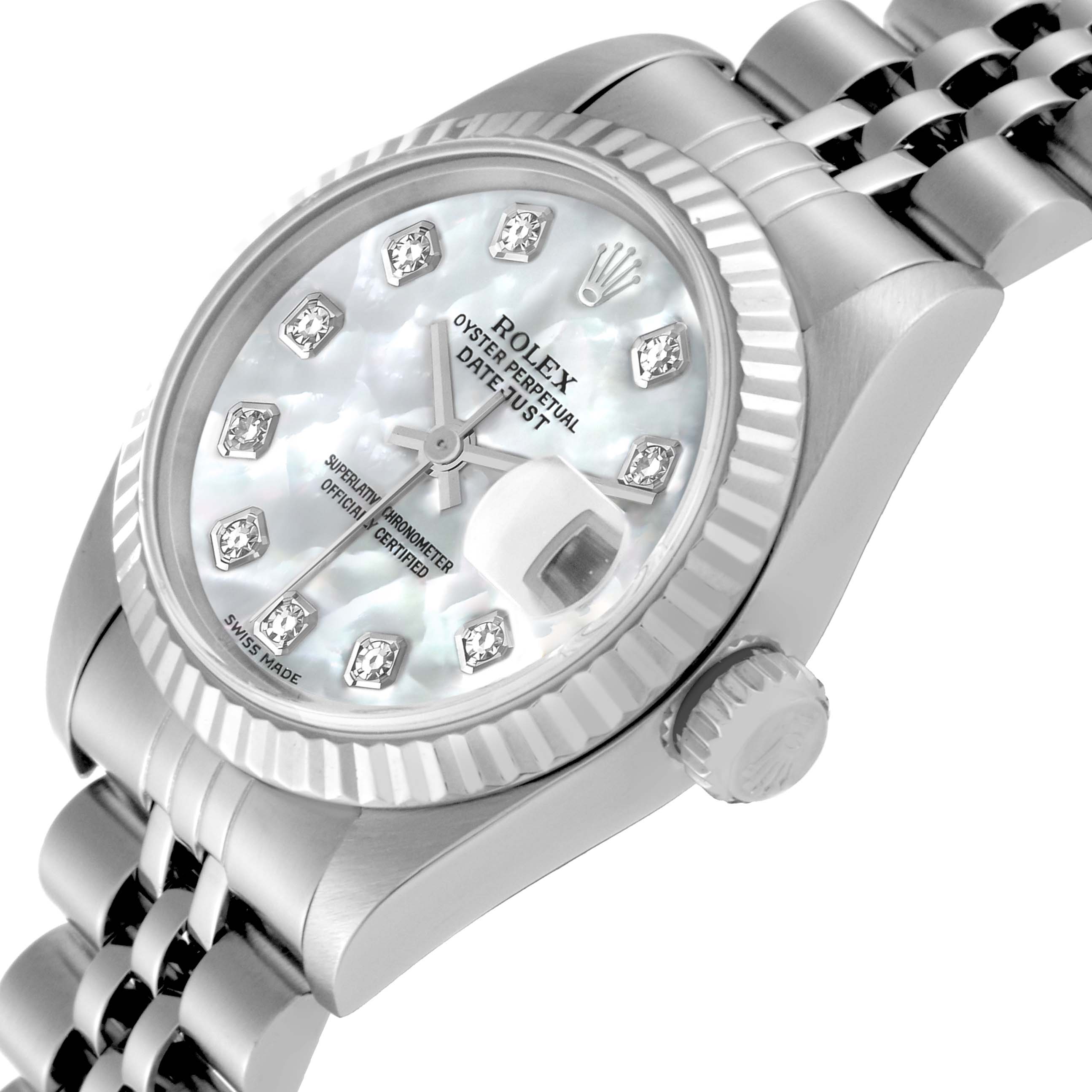 The image shows a close-up side angle of a Rolex Datejust 79174 Women's Stainless Steel Mother of Pearl Dial 79174 Women's Stainless Steel Mother of Pearl Dial watch, highlighting the dial, bezel, and part of the bracelet.