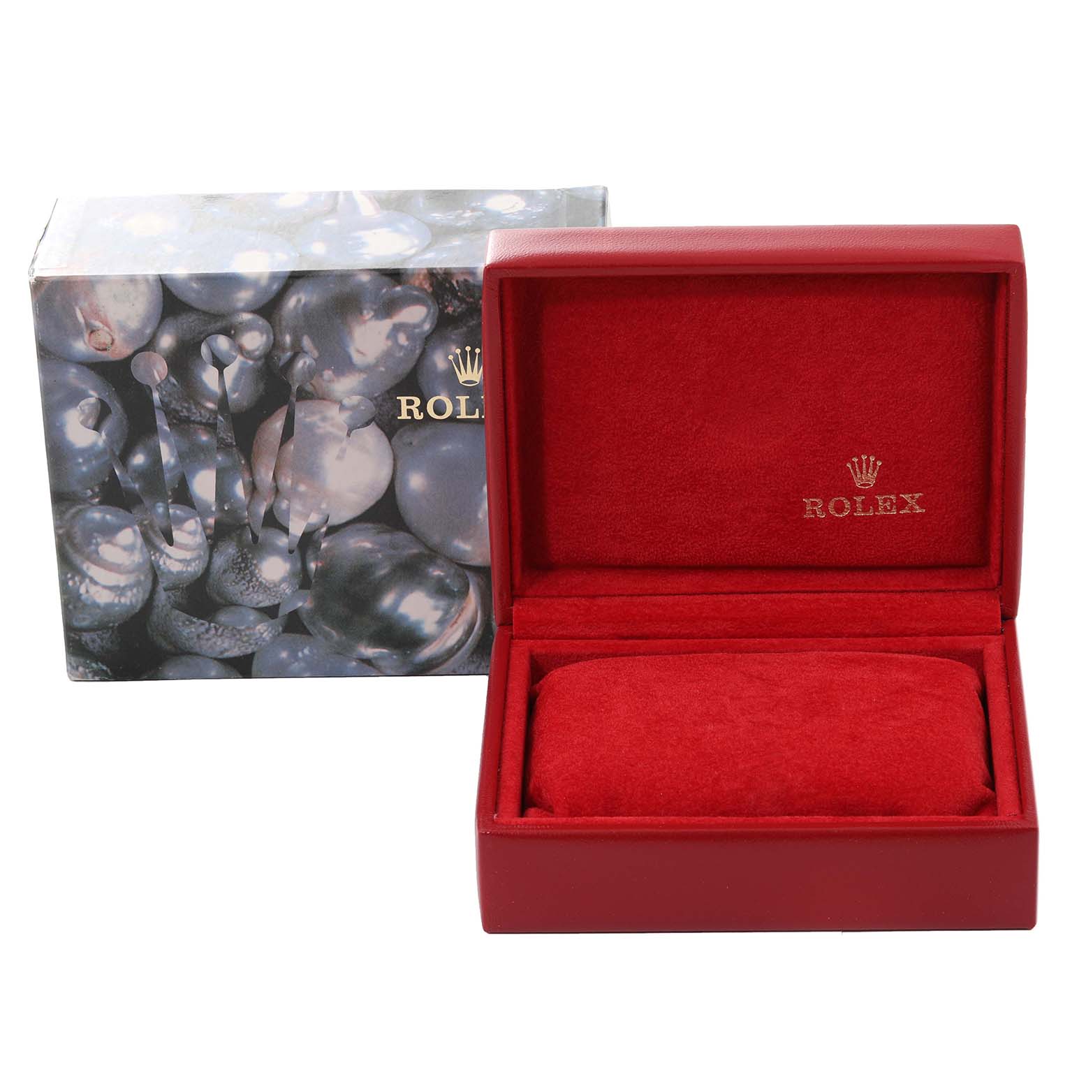 This image shows a Rolex Datejust 79174 Women's Stainless Steel Mother of Pearl Dial 79174 Women's Stainless Steel Mother of Pearl Dial watch box, featuring an open red interior and an outer decorative sleeve.