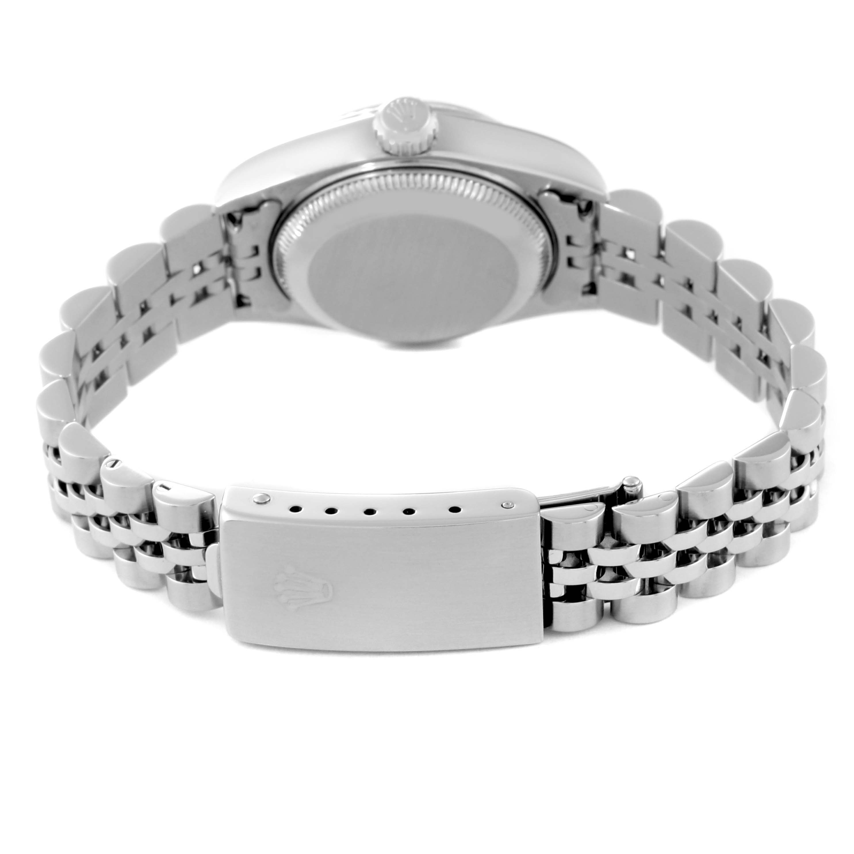 The image shows the back of a Rolex Datejust 79174 Women's Stainless Steel Silver Dial 79174 Women's Stainless Steel Silver Dial watch, highlighting the case back, crown, and bracelet clasp.