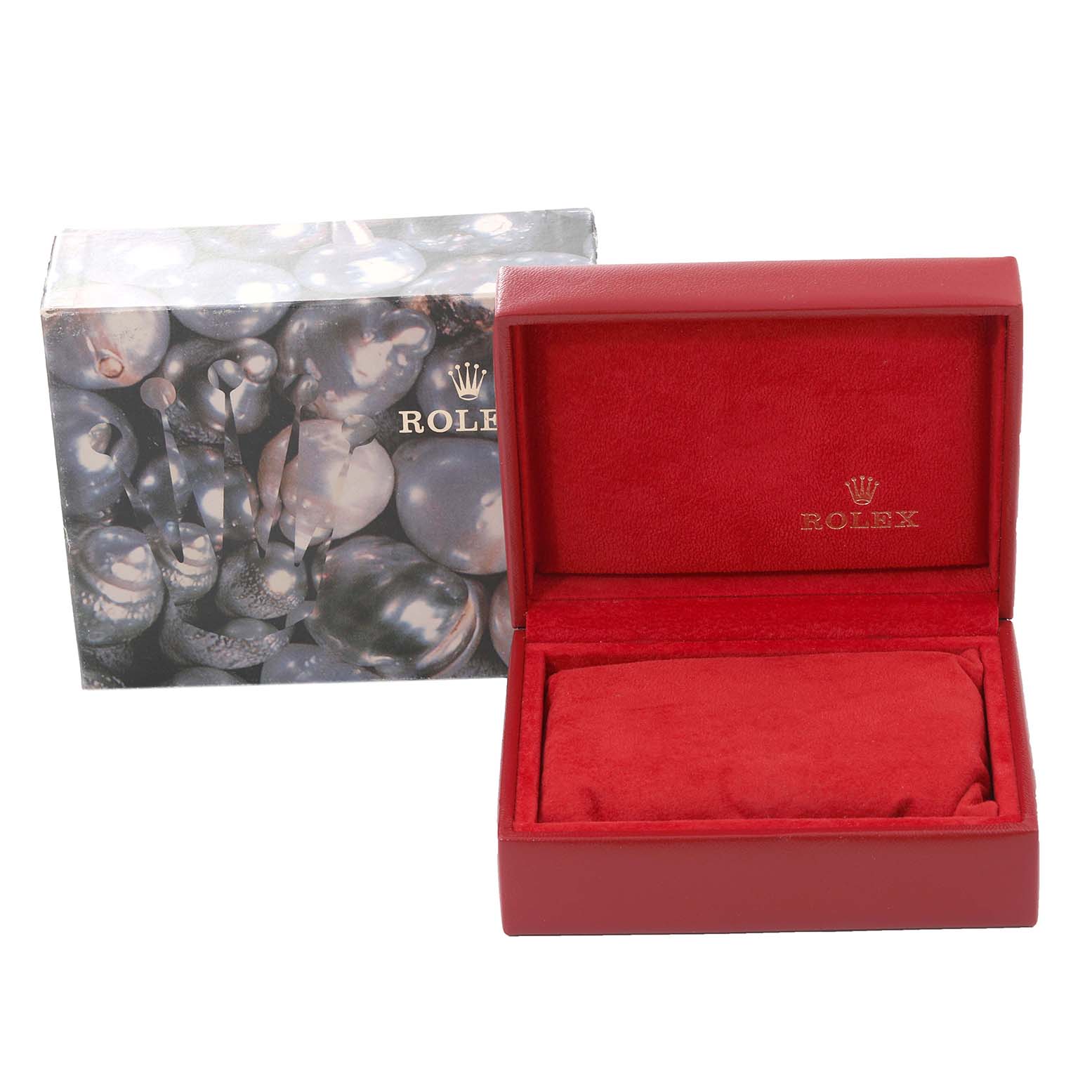 This image shows a Rolex Datejust 79174 Women's Stainless Steel Silver Dial 79174 Women's Stainless Steel Silver Dial watch's red case and outer packaging from a front angle.