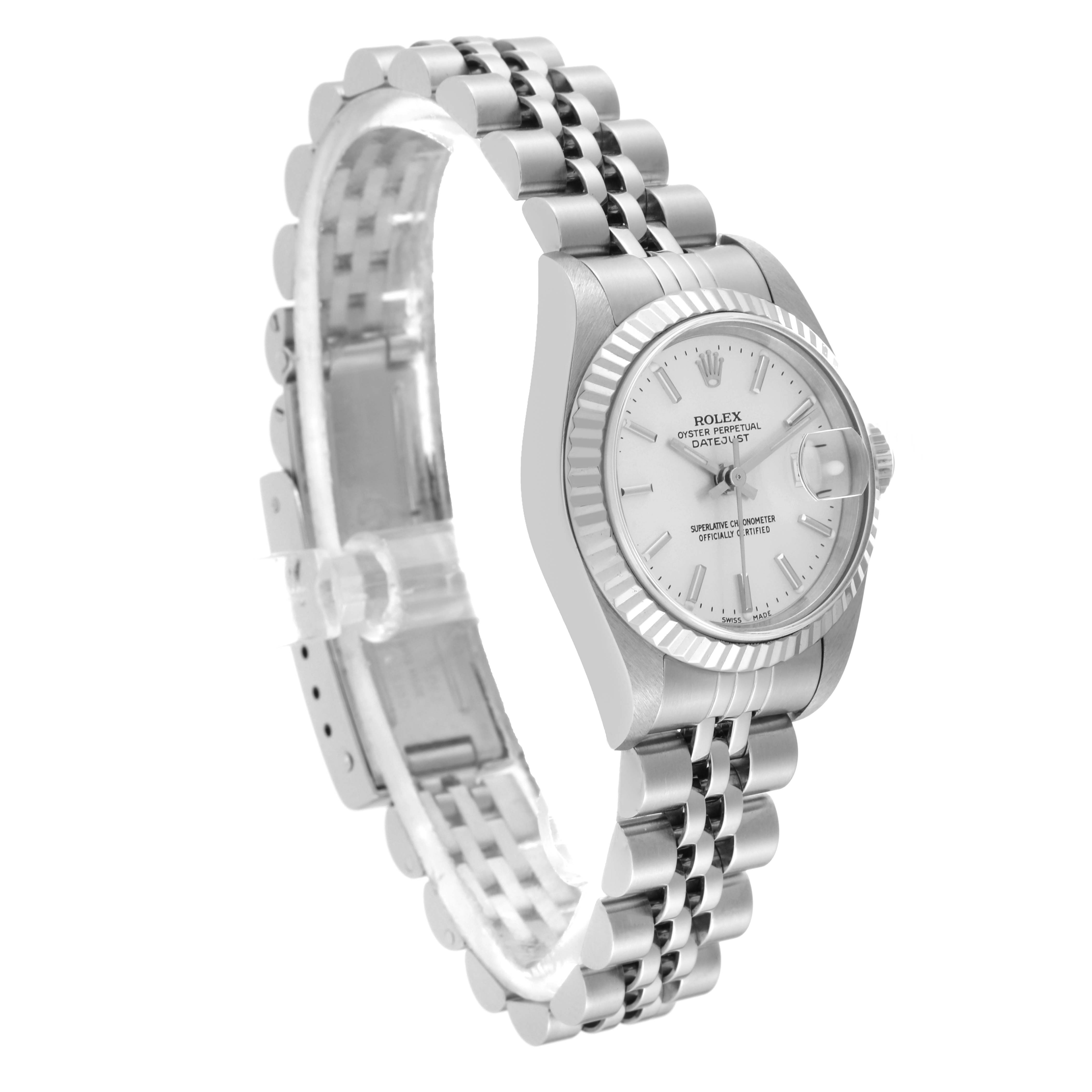 The image shows a Rolex Datejust 79174 Women's Stainless Steel Silver Dial 79174 Women's Stainless Steel Silver Dial watch, displayed at a side angle, featuring its dial, bezel, and Jubilee bracelet.