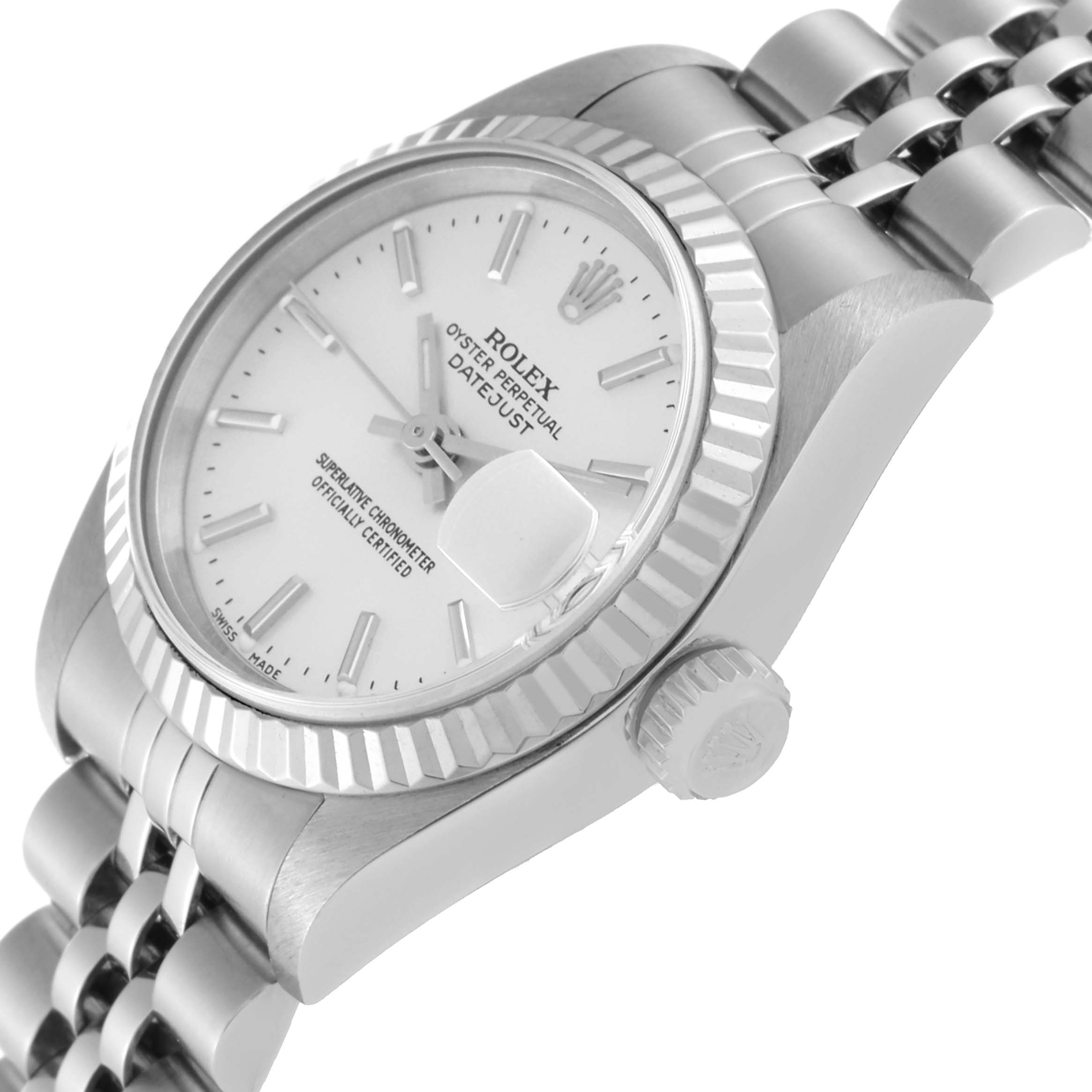 This image shows a Rolex Datejust 79174 Women's Stainless Steel Silver Dial 79174 Women's Stainless Steel Silver Dial watch at an angled view, highlighting the dial, crown, and part of the bracelet.