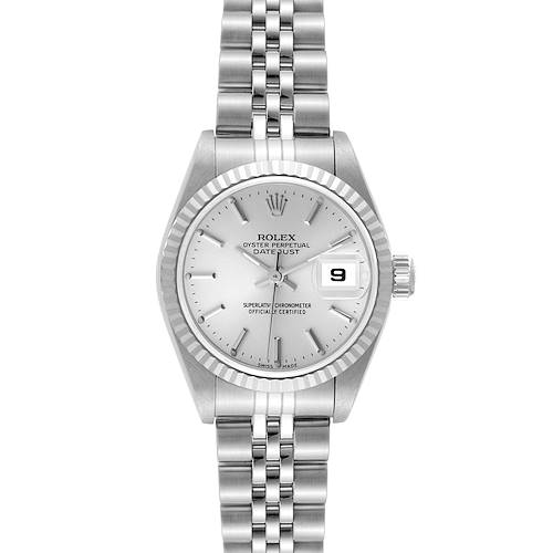 The image shows a front view of the Rolex Datejust watch, highlighting its dial, bracelet, and date window at 3 o'clock.