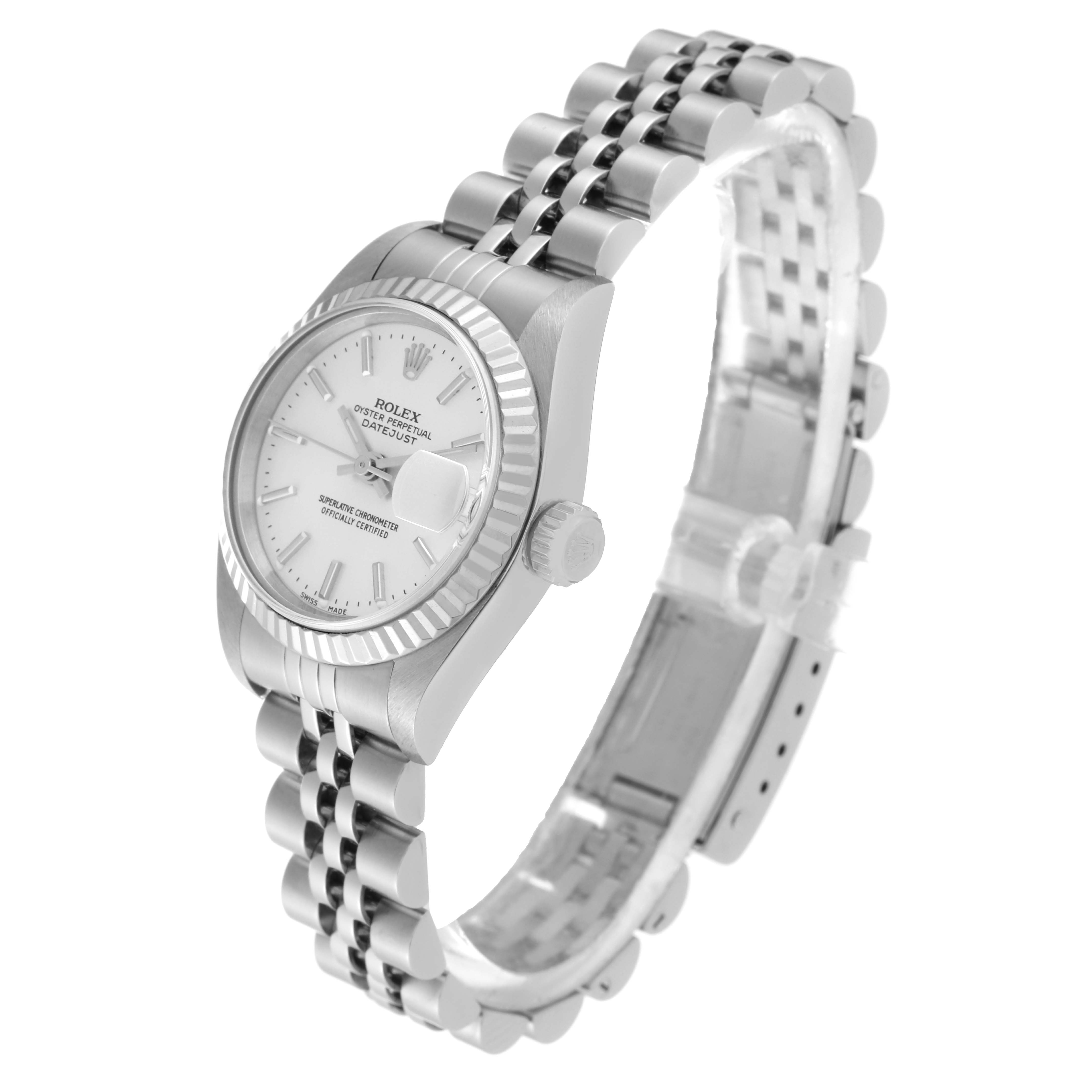 This image shows the Rolex Datejust 79174 Women's Stainless Steel Silver Dial 79174 Women's Stainless Steel Silver Dial watch at an oblique angle, highlighting its dial, bezel, crown, and bracelet.