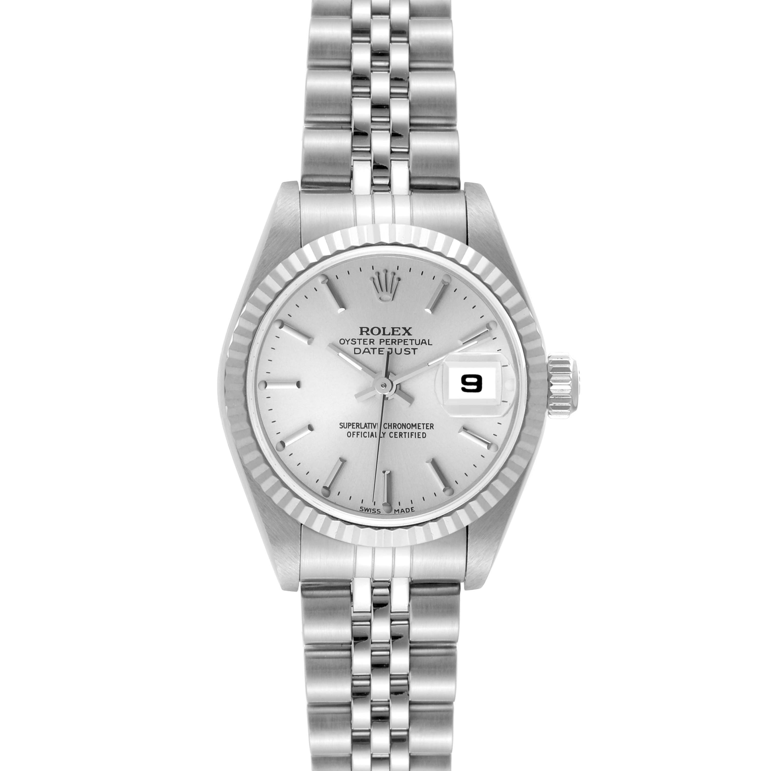 This image shows a Rolex Datejust 79174 Women's Stainless Steel Silver Dial 79174 Women's Stainless Steel Silver Dial watch from the front, displaying its face, bracelet, bezel, and date indicator.