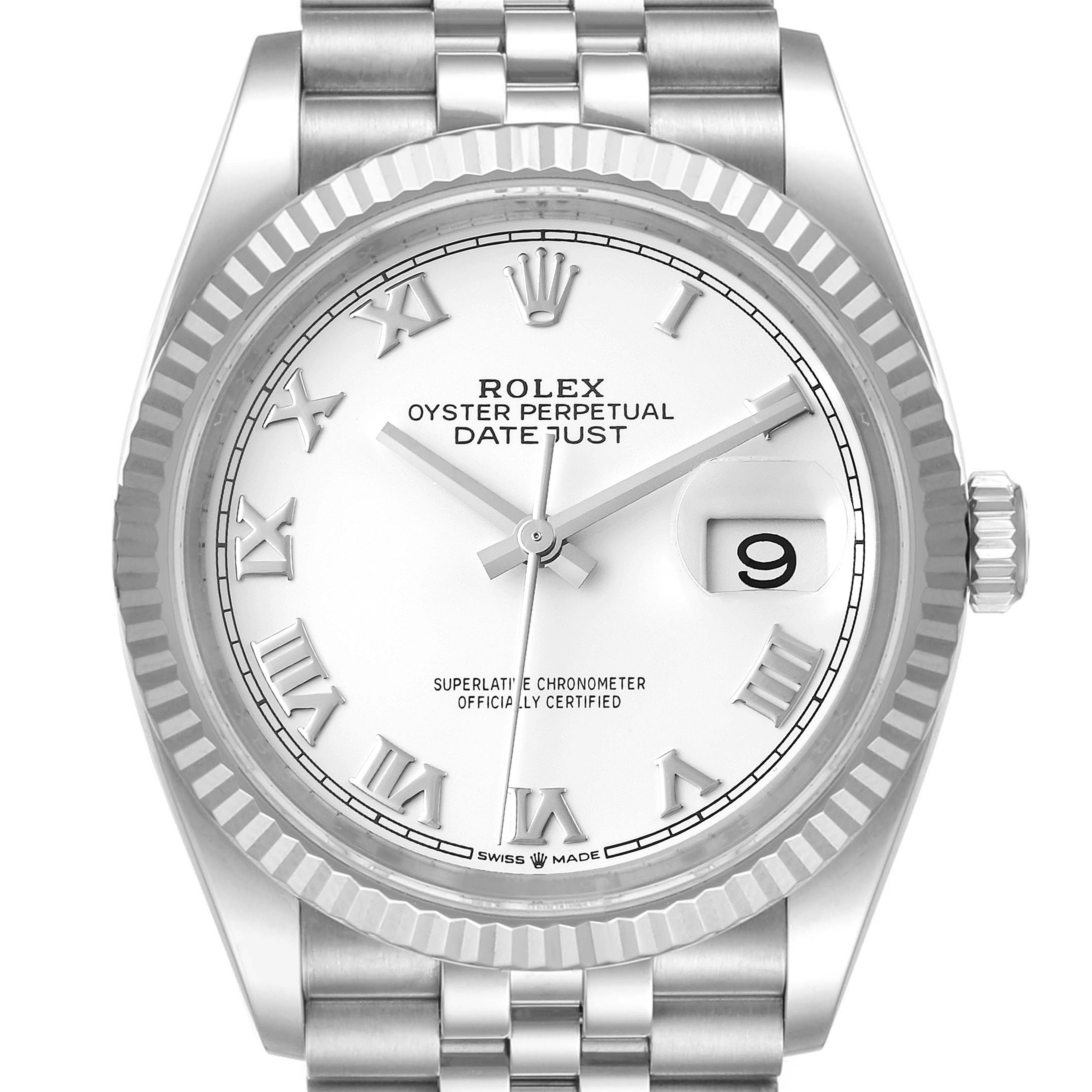 The image shows a front view of a Rolex Datejust 126234 Men's Stainless Steel White Dial 126234 Men's Stainless Steel White Dial watch, highlighting the bezel, dial, crown, and part of the bracelet.