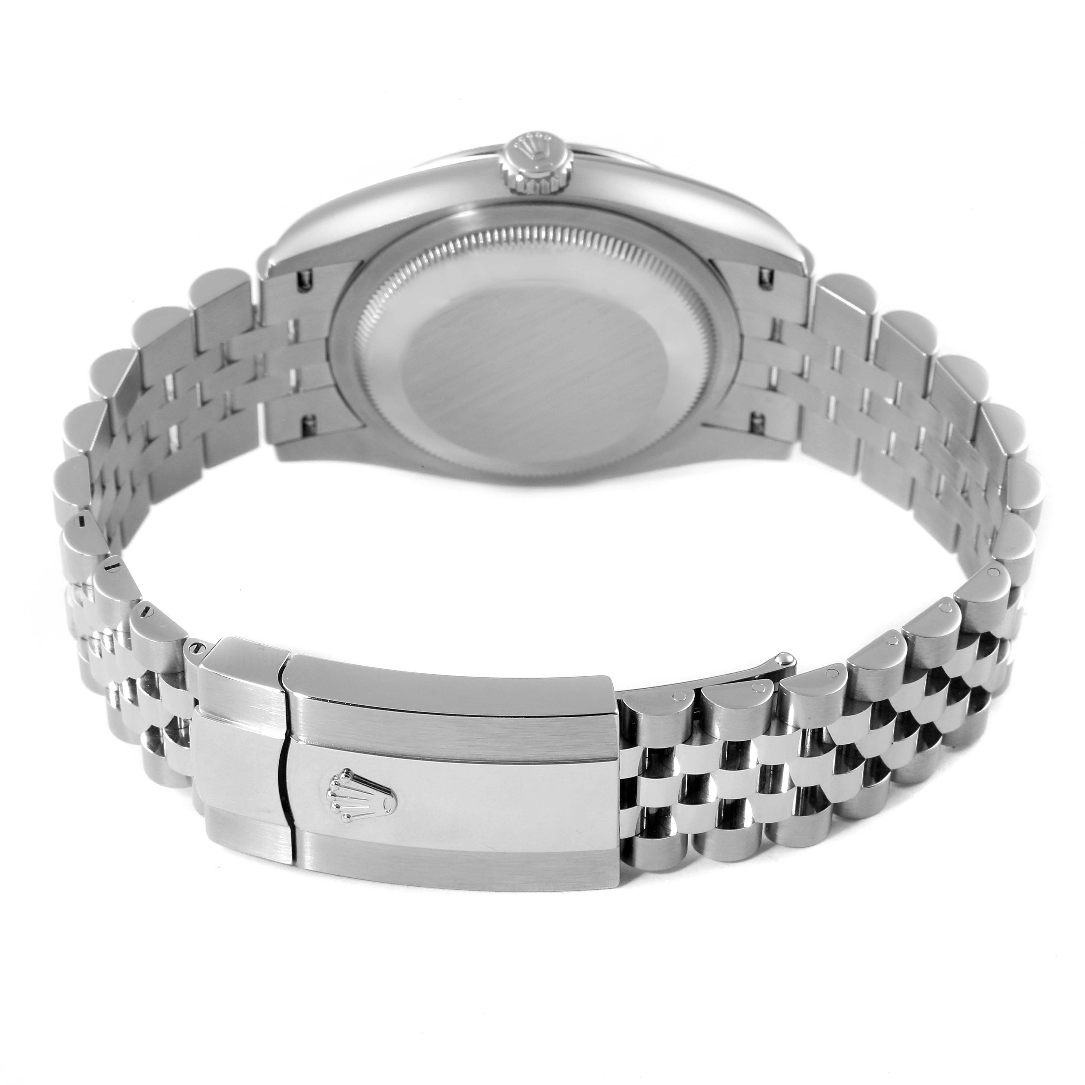 This image shows the back view of a Rolex Datejust 126234 Men's Stainless Steel White Dial 126234 Men's Stainless Steel White Dial watch, highlighting its case back, crown, and metal bracelet with clasp.