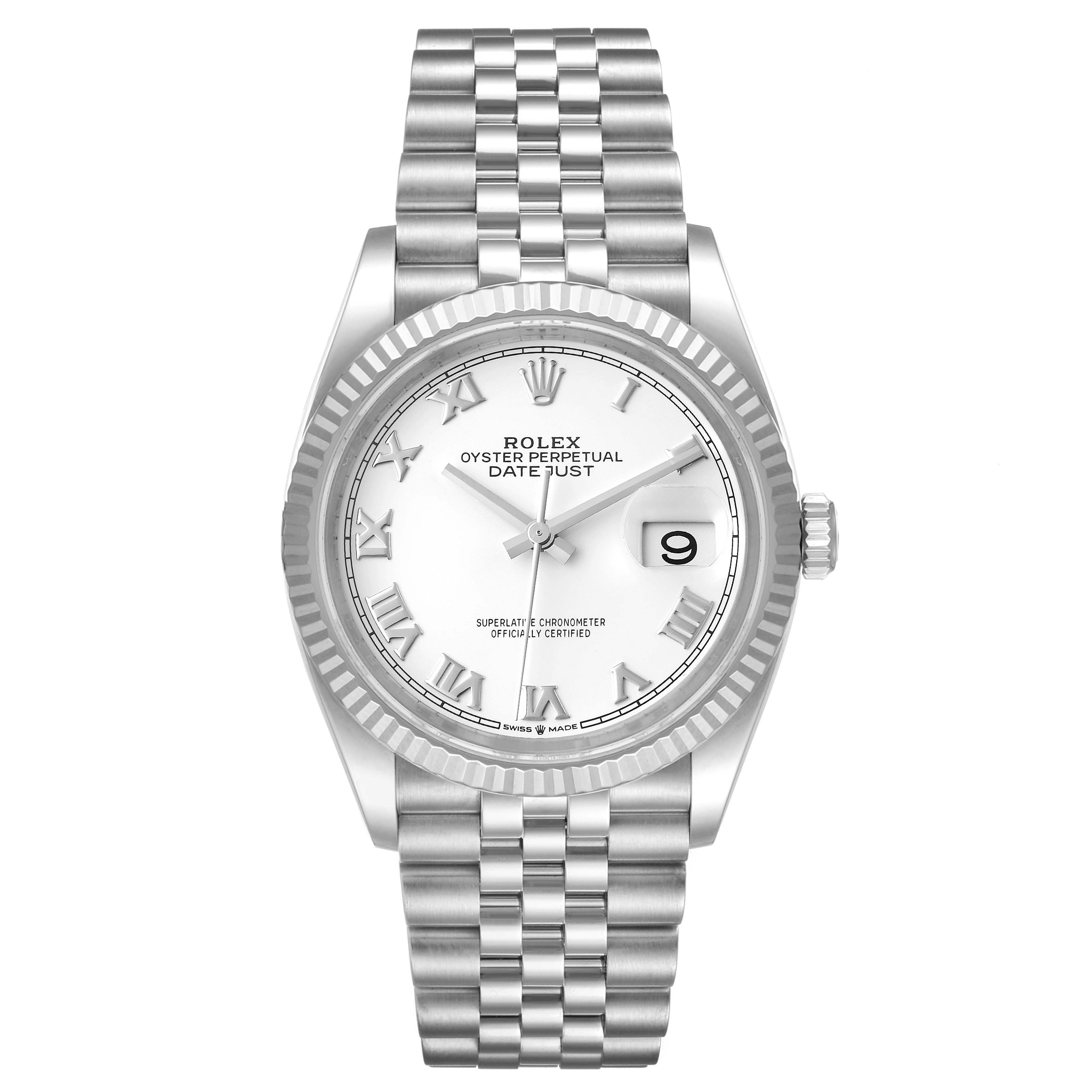 This image shows a Rolex Datejust 126234 Men's Stainless Steel White Dial 126234 Men's Stainless Steel White Dial watch from a top-down angle, highlighting its face, bezel, and bracelet.