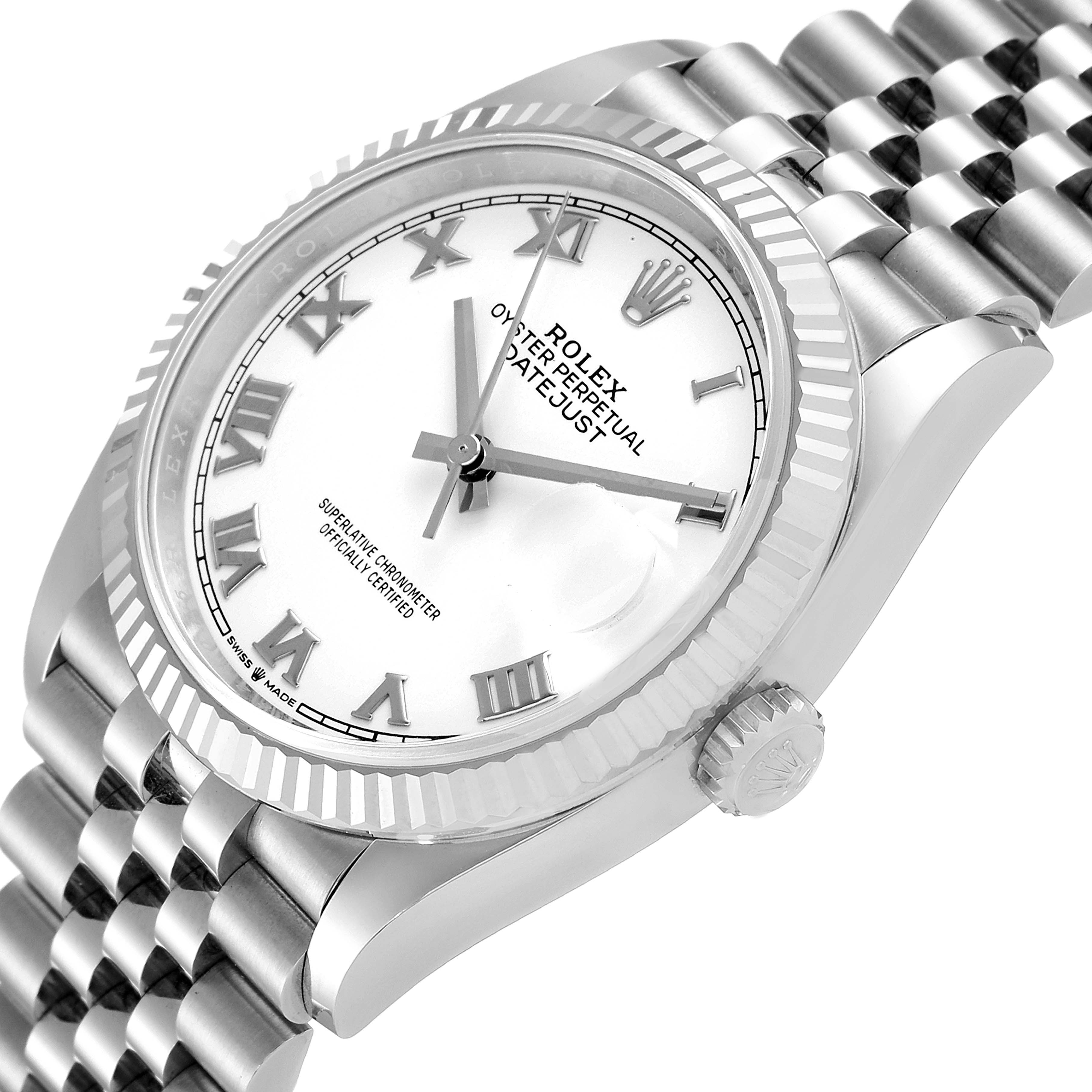 The image shows a Rolex Datejust 126234 Men's Stainless Steel White Dial 126234 Men's Stainless Steel White Dial watch from an angled view, highlighting its white dial, Roman numerals, fluted bezel, and Jubilee bracelet.