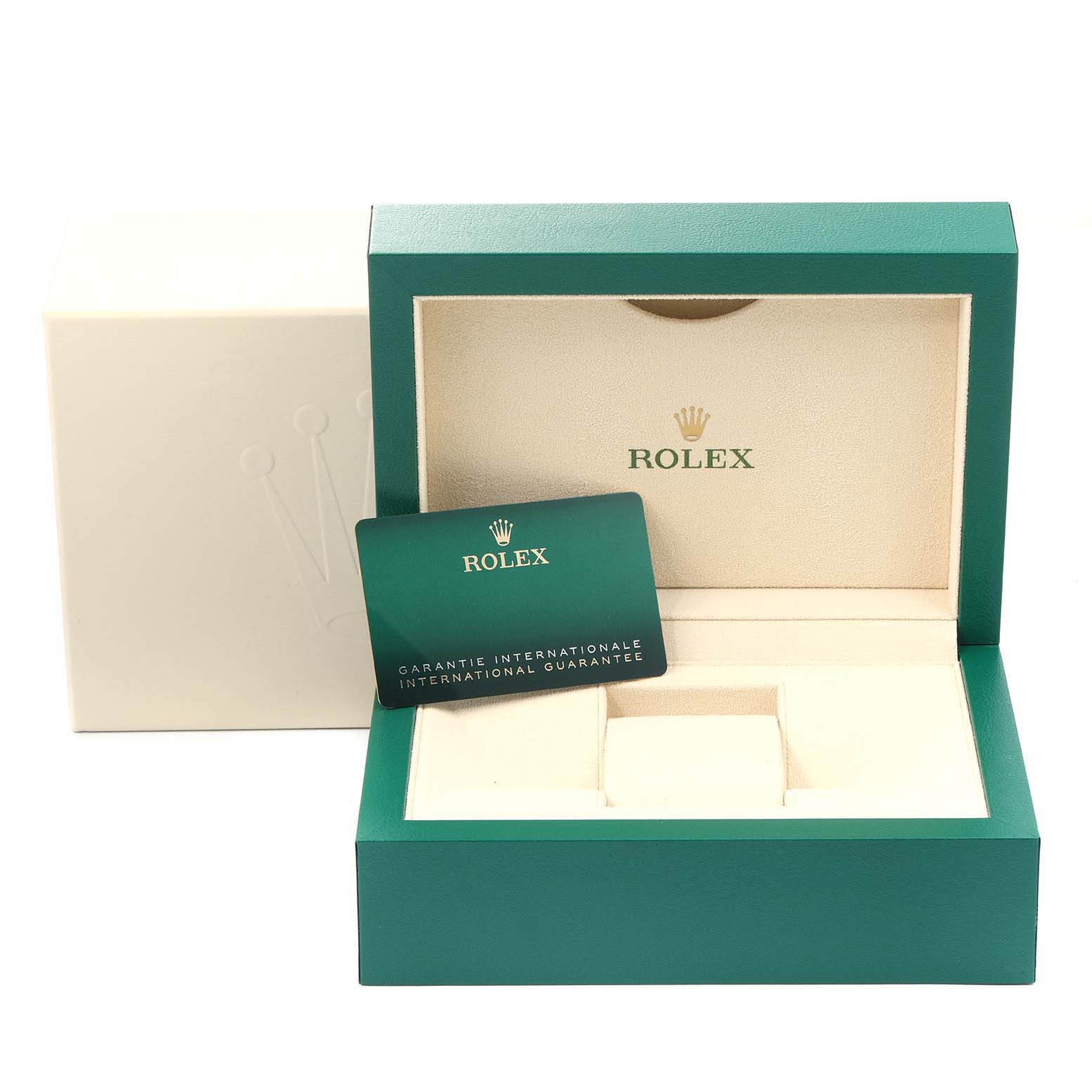 The image shows the open box and international guarantee card for a Rolex Datejust 126234 Men's Stainless Steel White Dial 126234 Men's Stainless Steel White Dial watch.