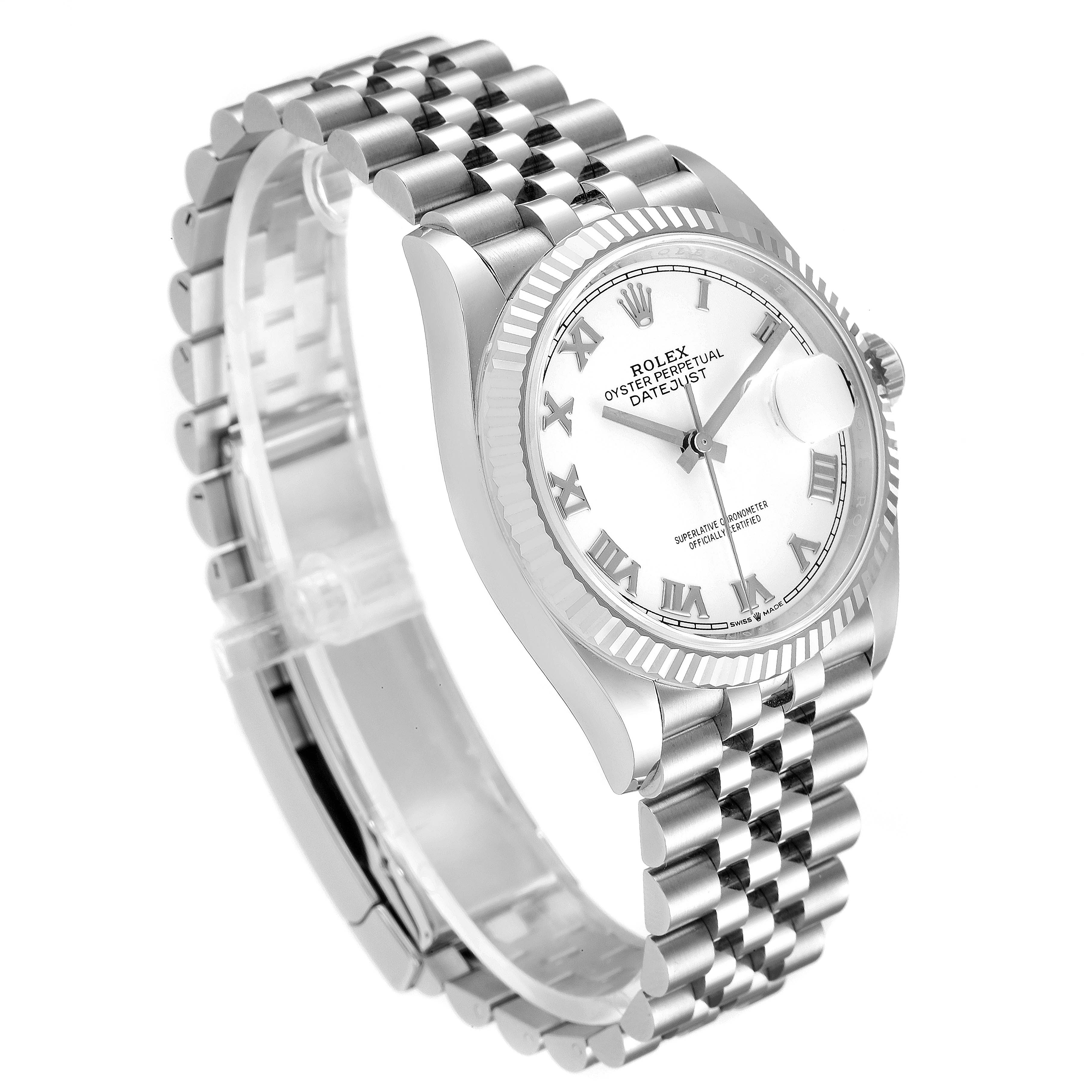 The Rolex Datejust 126234 Men's Stainless Steel White Dial 126234 Men's Stainless Steel White Dial watch is shown at an angled perspective highlighting its face, bezel, and stainless steel bracelet.