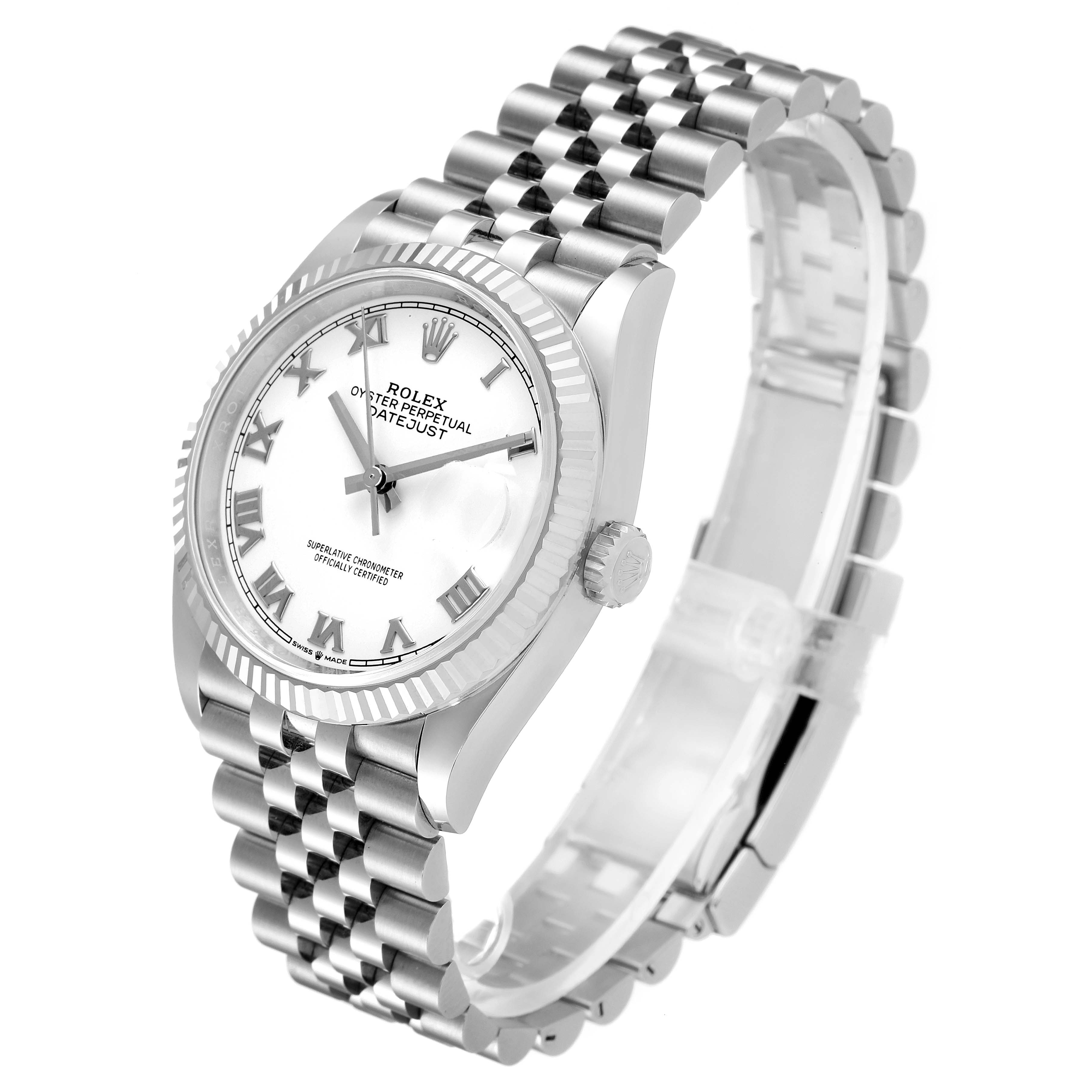 The image shows a Rolex Datejust 126234 Men's Stainless Steel White Dial 126234 Men's Stainless Steel White Dial watch at a three-quarter angle, highlighting the face, bezel, crown, and bracelet.