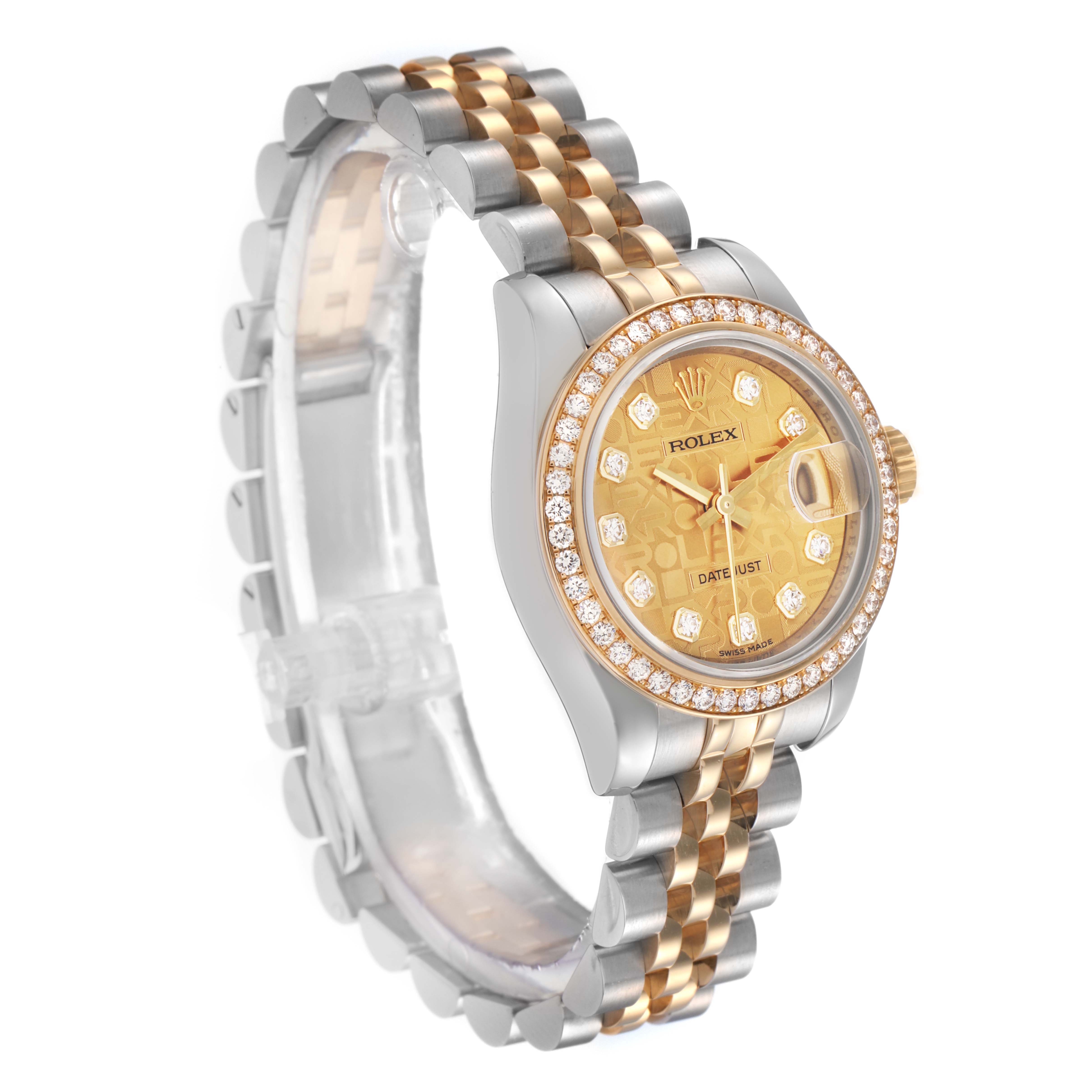 The Rolex Datejust model 179383G is shown at a three-quarter angle, highlighting its bezel, face, crown, and two-tone bracelet.