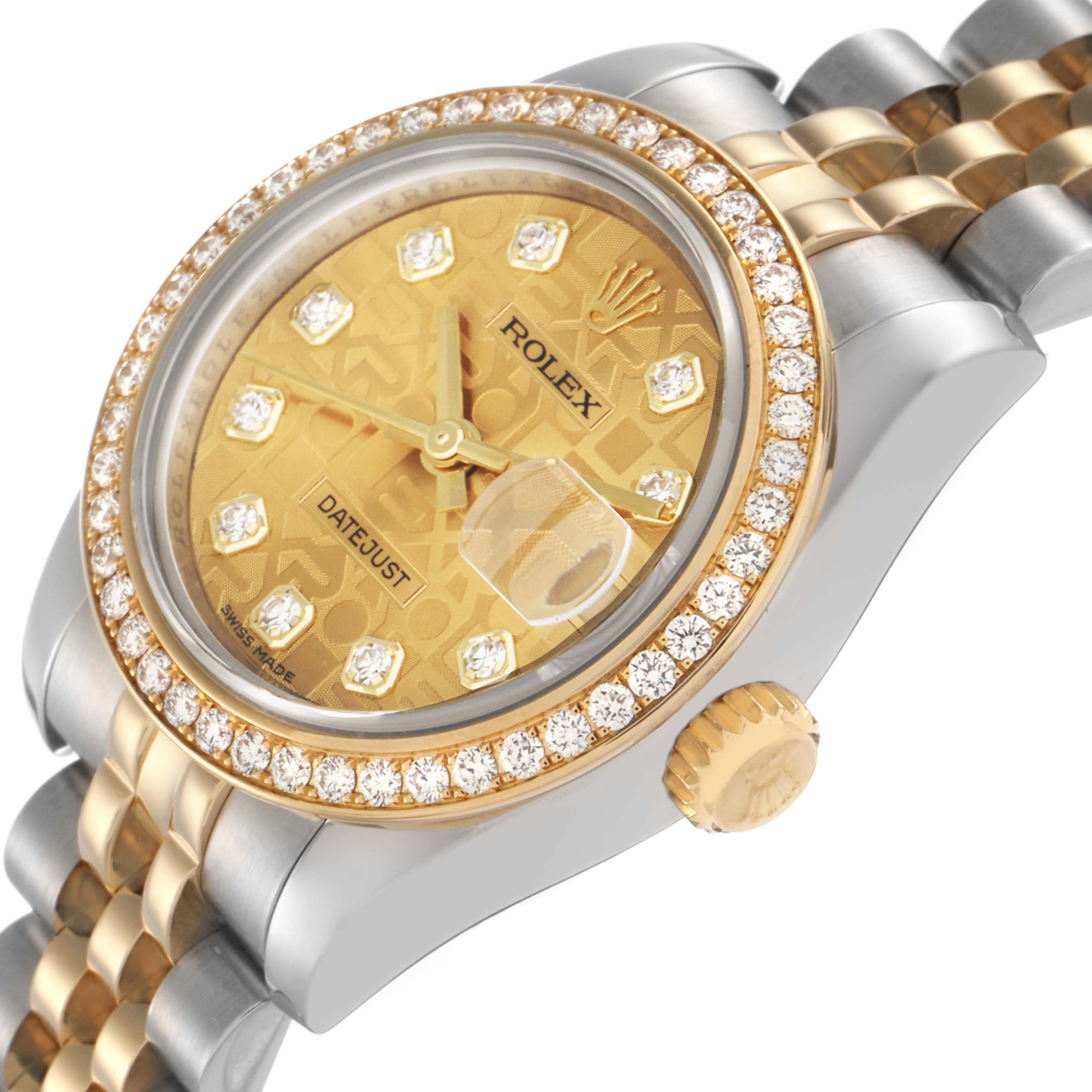 The Rolex Datejust model 179383G is shown at a three-quarter angle, highlighting the bezel, dial, crown, and part of the bracelet.