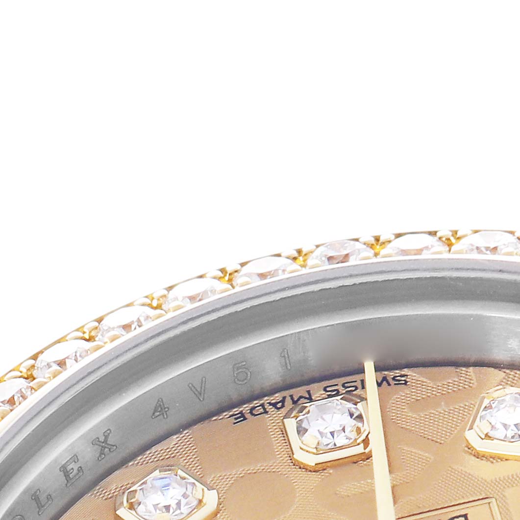The image shows a close-up of the bezel and dial of a Rolex Datejust model, model number 179383G, featuring diamond hour markers and a diamond-encrusted bezel.