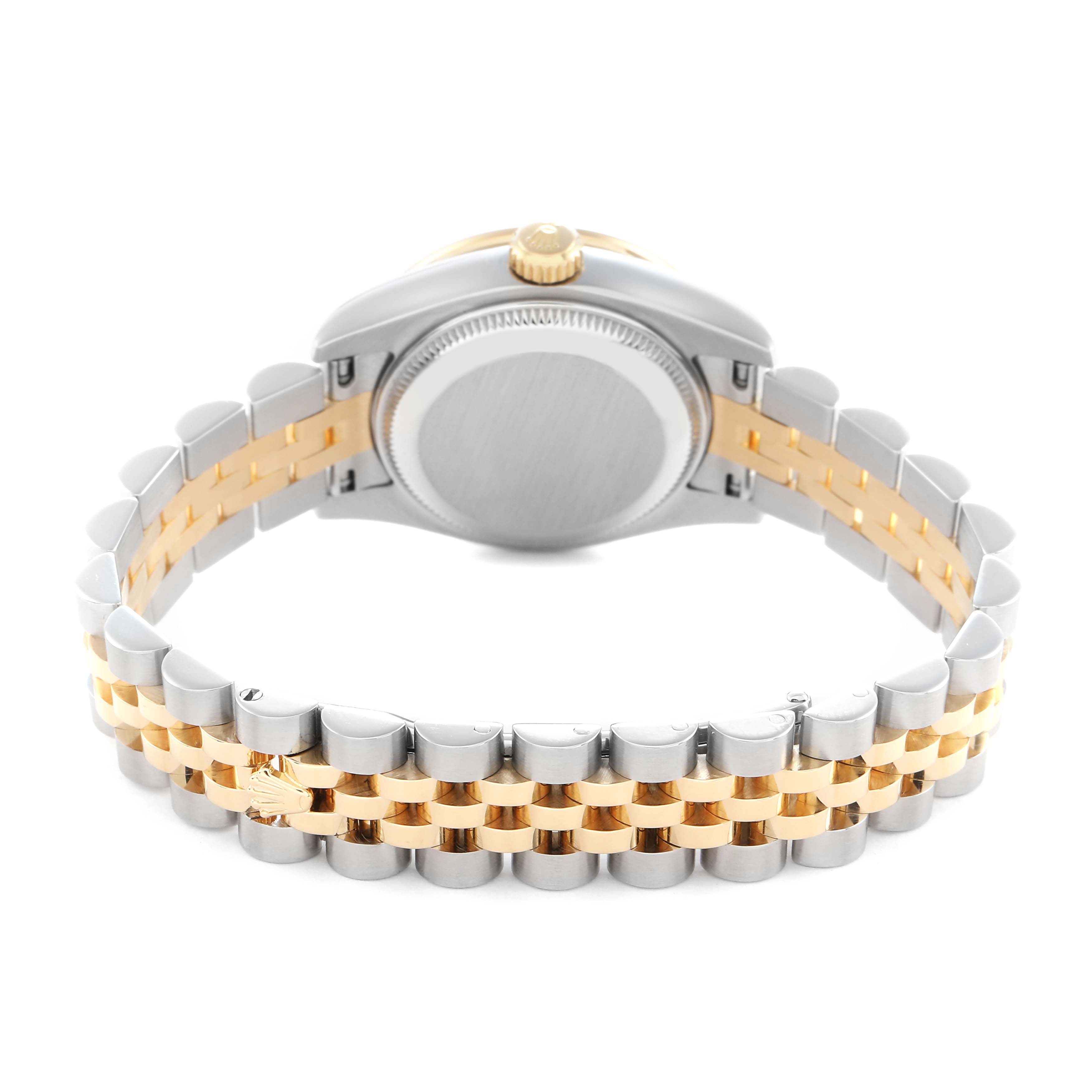 The image shows the back and bracelet of a Rolex Datejust model 179383G men's watch, highlighting the two-tone metal design.