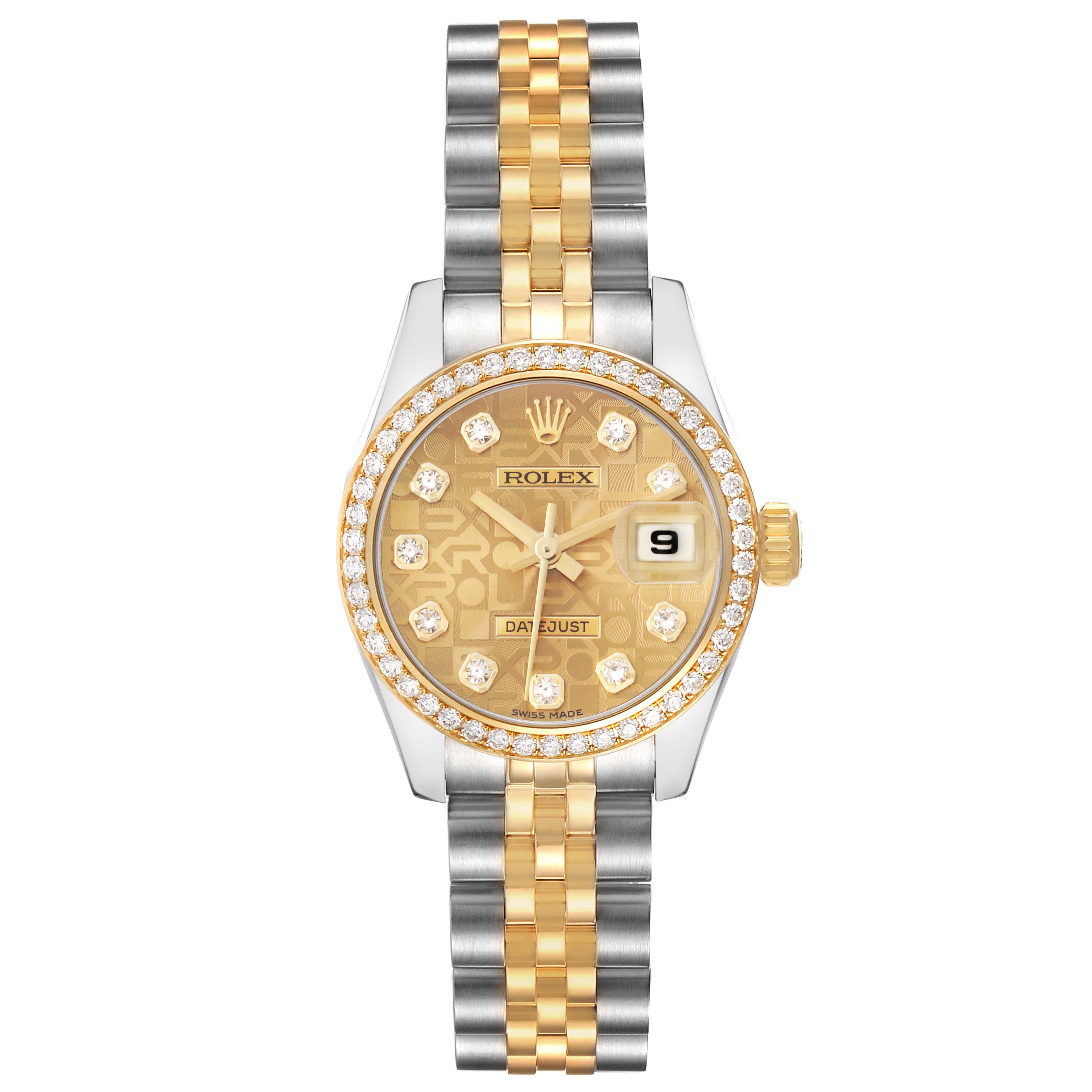 The Rolex Datejust model 179383G is shown from a front view, displaying its gold and silver bracelet, diamond-set bezel, and dial with a date feature.