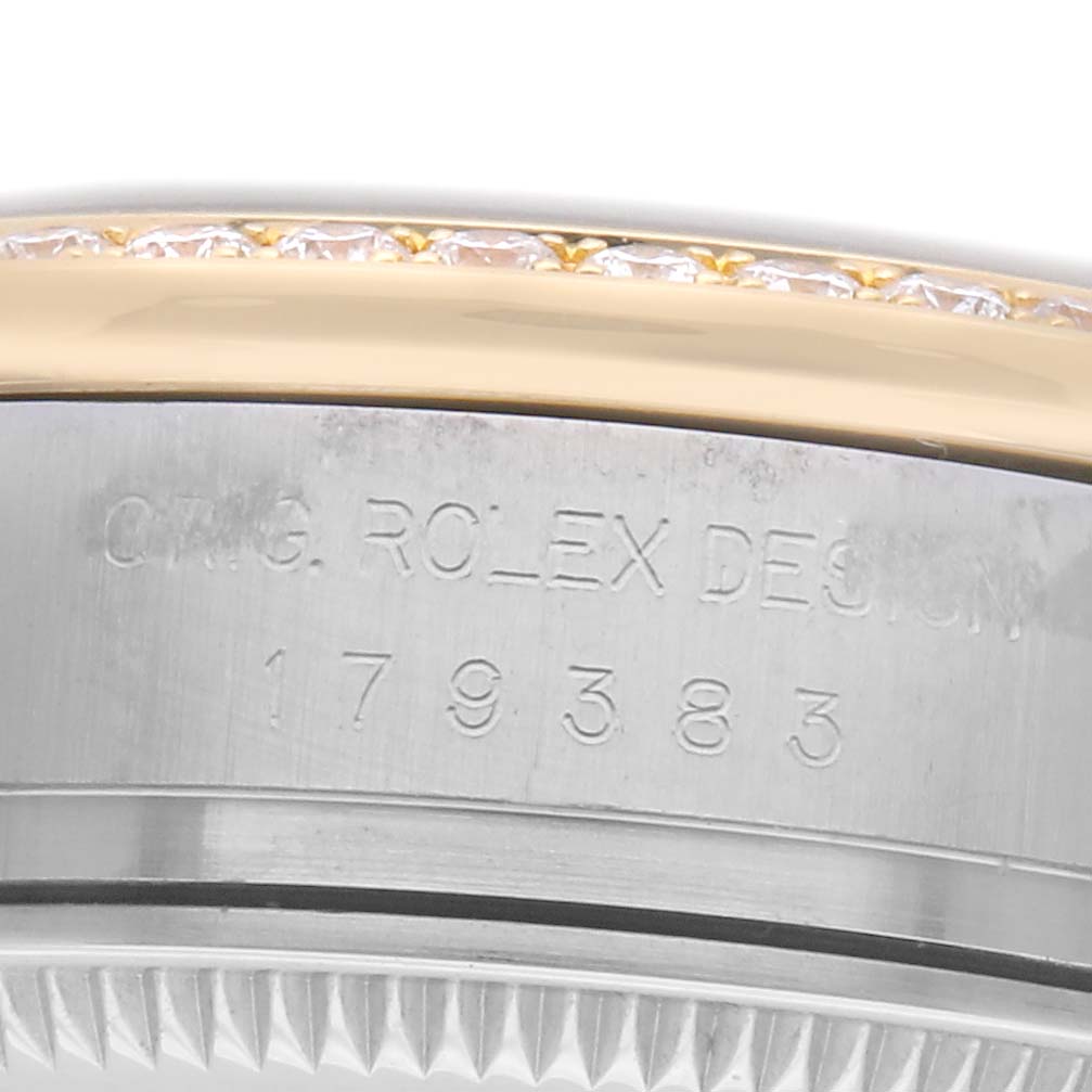 The image shows a close-up side view of the Rolex Datejust watch model 179383G, focusing on the bezel and engraved model number.