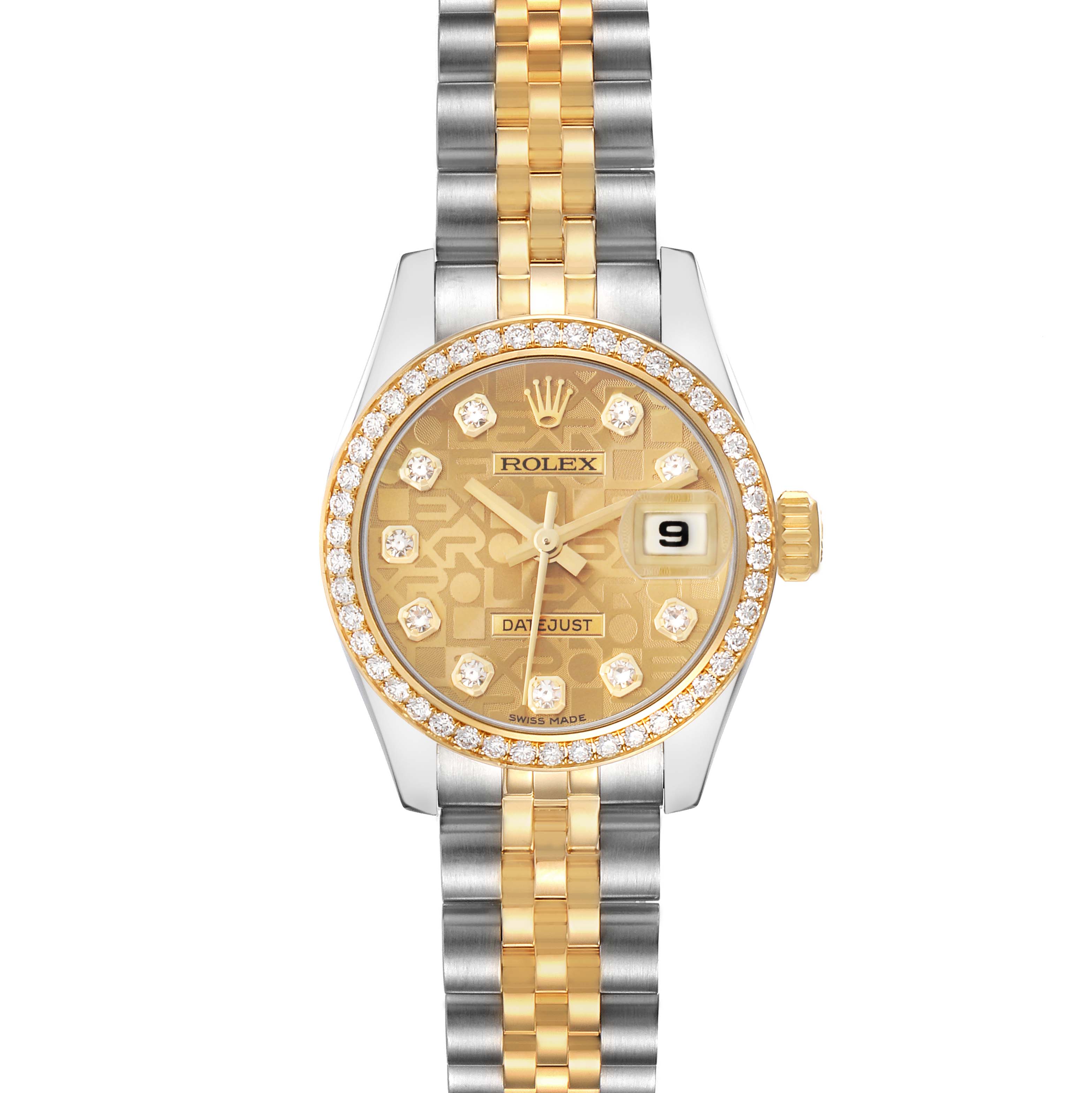 The Rolex Datejust model 179383G is shown from the front, displaying the dial, bezel, and bracelet with a focus on its diamond markers and gold accents.