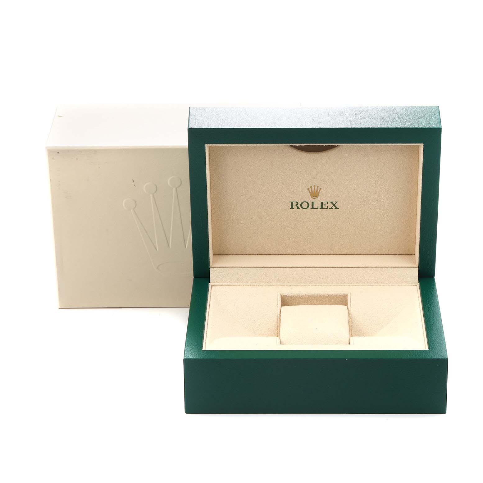 The image shows the open, empty box for the Rolex Datejust model 179383G, featuring a green exterior and beige interior, designed for a men's watch.